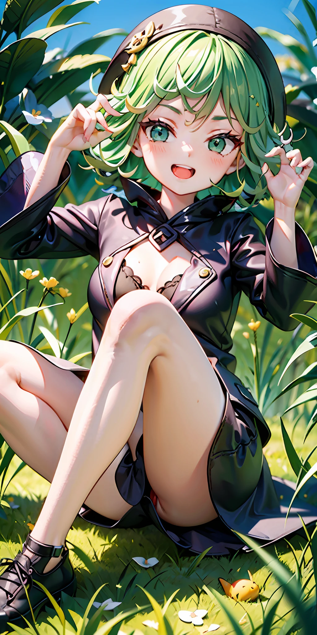 tatsumaki,Bare leg base，Short green hair，Grass amusement park，Cute loli style，having fun