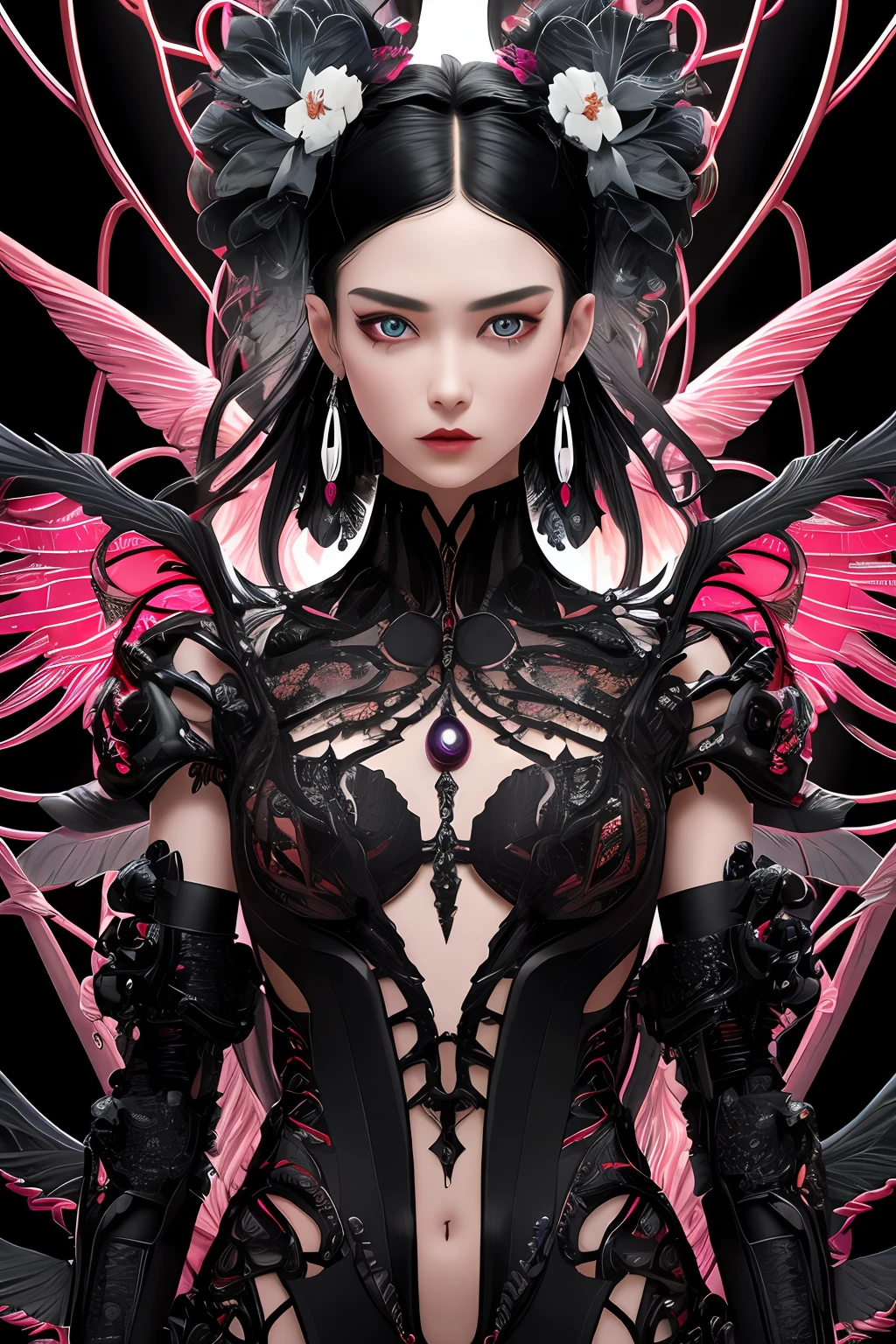Complex 3d Rendering Ultra Detail Beautiful Death Angel、Biomechanical cyborg、Analog 150mm lens、Beautiful Natural Soft Rim Light、Neon Vane、roots、Fine leaf lace、Colorful Detail、Boris Bidjan Saberi costume、Pearl earrings、Art Nouveau fashion embroidery、intricate detailes、Mesh Wire、Mandelbrot fractal、Facial expression muscles、Cable wire、microchips、Badass、hyper realisitic、The ultra -The high-definition、octane renderings、Volumetric lighting、8k post-production、Red and white with a little black、Elaborate metallic bones、semi human、Irridescent color、Glenn Brown Style Futuristic Room、power of the god、high-angle shot、Complex body poses、Black body、Jet-black wings、dark、Dirk Schneider、