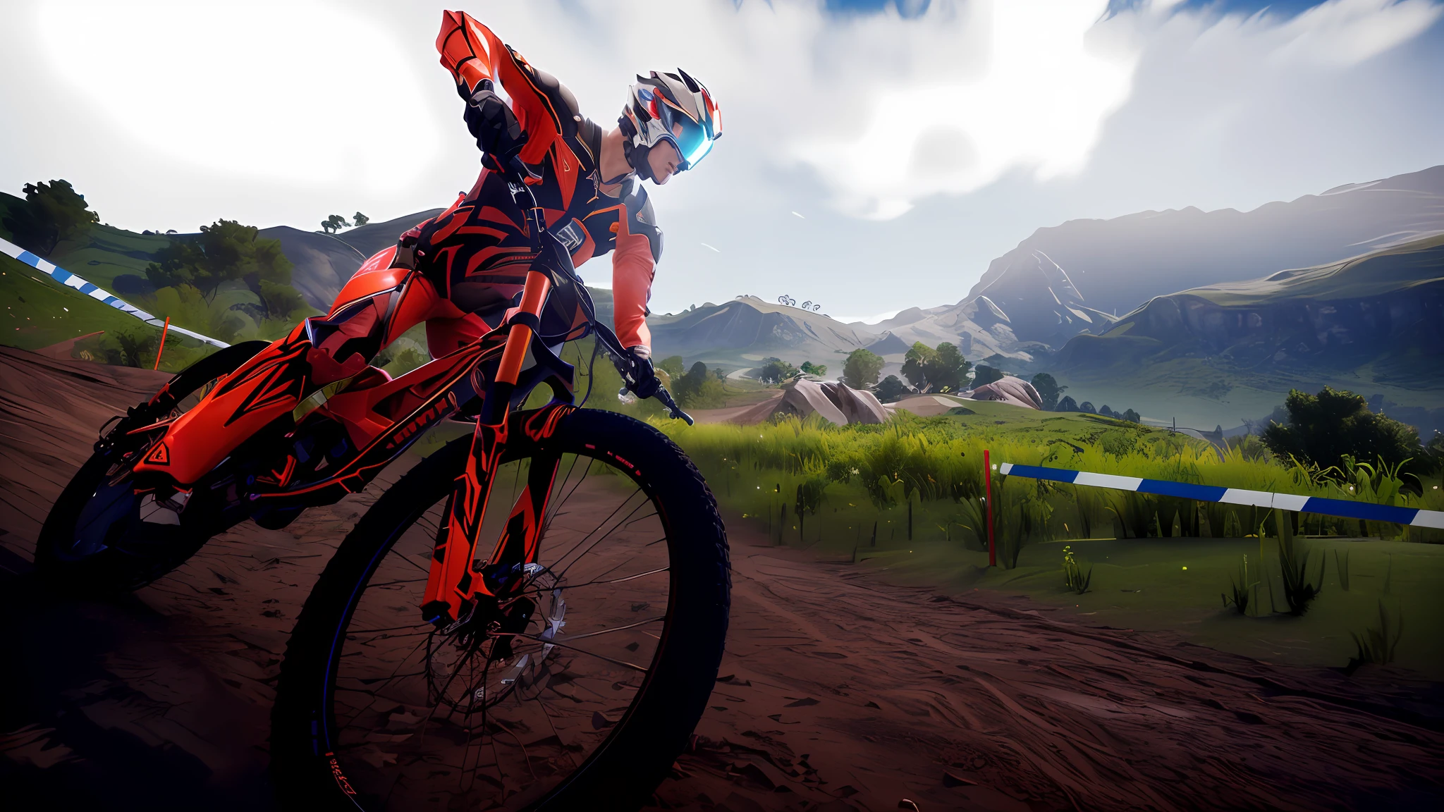 There's a man riding his bike on a dirt road, Captura de tela do PC, renderizado em unrealengine, feito com motor irreal, jogabilidade ainda, ultra-realistic graphics, HD 4K jogo captura de tela, Unreal 4 Captura de tela, videogame ainda, feito em unreal motor 4, feito em motor unreal, cycles 3 d render, Unreal motor captura de tela, captura de tela fotorrealista