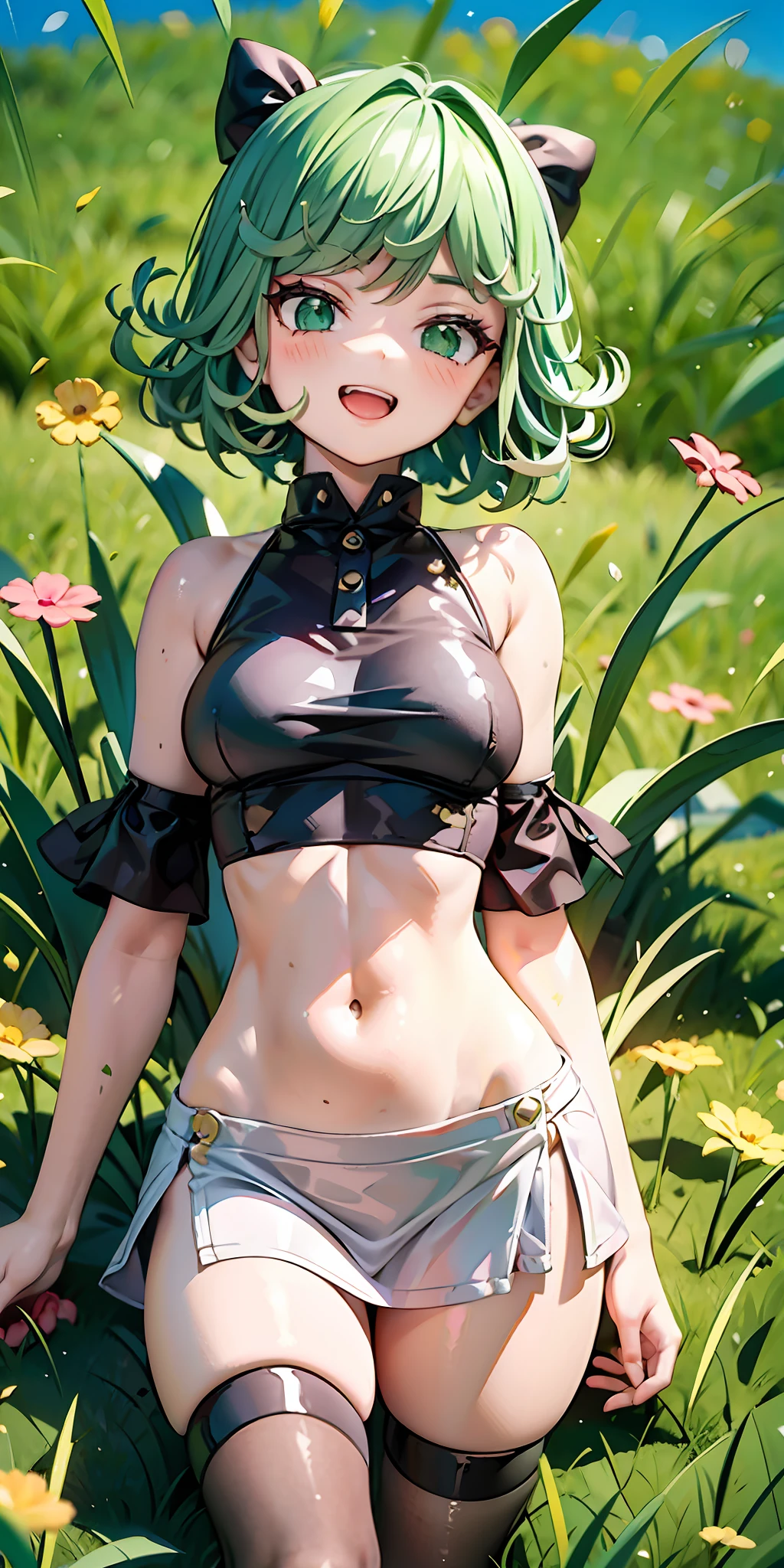 tatsumaki,Bare leg base，Crop topping，Short green hair，Grass amusement park，Cute loli style，having fun