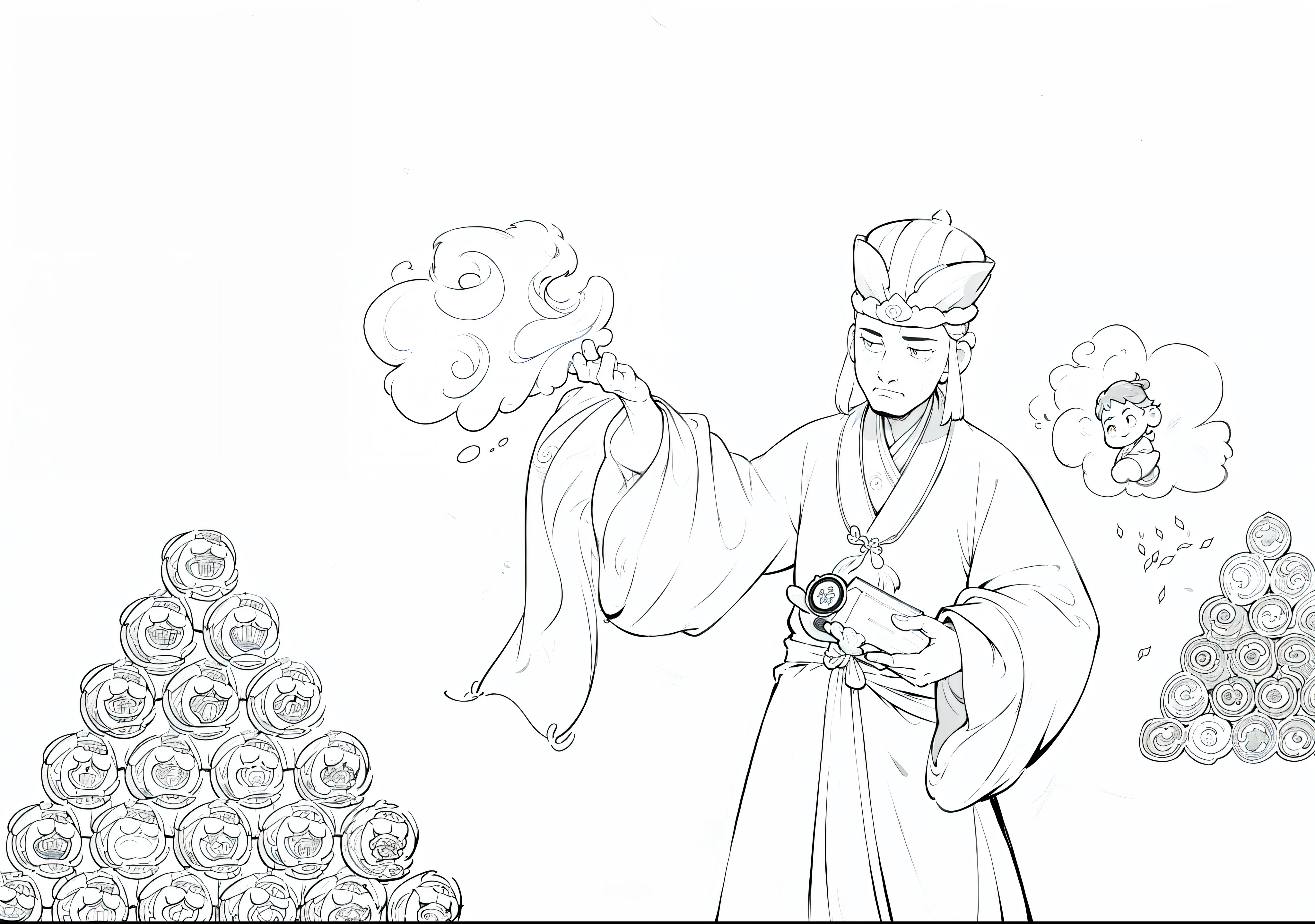 "A illustration，A man in a hat，maximalist details，Storybook style illustration，inspired by Emperor Huizong of Song，Ultra-flat feel，The lines are black，Monochrome performance，In particular, Highlight the black and white manuscript effect，The background is predominantly simple，Painting with white background as background"