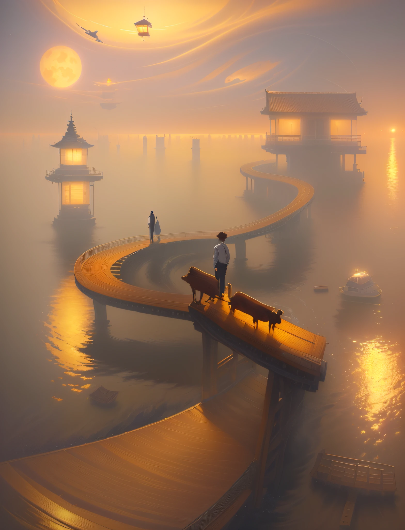 There was a man and a dog standing on a bridge over the water, Makoto Shinkai Cyril Rolando, Makoto Shinkai e Tom Bagshaw, serene illustration, cyril rolando and goro fujita, A beautiful artwork illustration, By Li Song, By Fei Danxu, rob rey and kentarõ miura，Tonalism, Conceptual art, Art Deco, Tonalism, Realism, Dutch Golden Age painting, highres, UHD, 16k, best quality