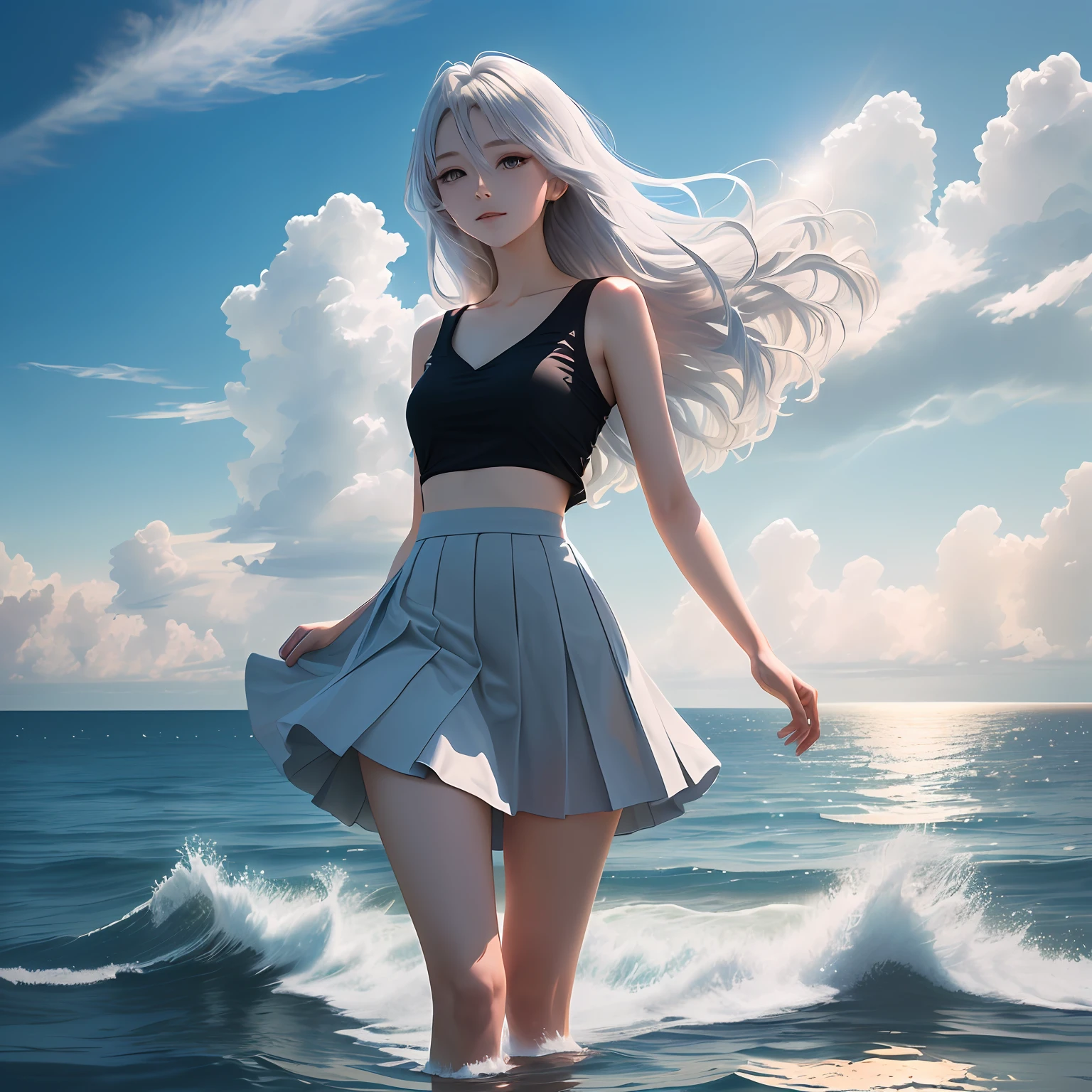 tmasterpiece,extreme picture quality,solo person,Kizi,full bodyesbian,standing on the sea side,rays of sunshine,Blue and white hair color,long whitr hair,Strands of hair flutter in the breeze,Gray top,black short skirt,Water,clouds