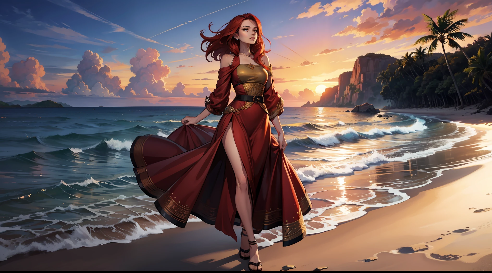Beautiful red hair woman walks near the water on a paradisiacal beach at sundown, isometric visual, high resolution, sunset illumination, golden hour, photorealistic, intricate details, high quality