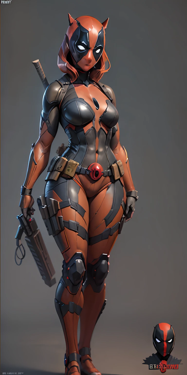 female Deadpool from Marvel, big breasts, frontal, full-length, looking at the camera, facing the audience, standing pose, simple background, three-dimensional light, detailed full-body concept, sleek digital concept art, beautiful full-body concept art, art trend, CGsociety full-length,