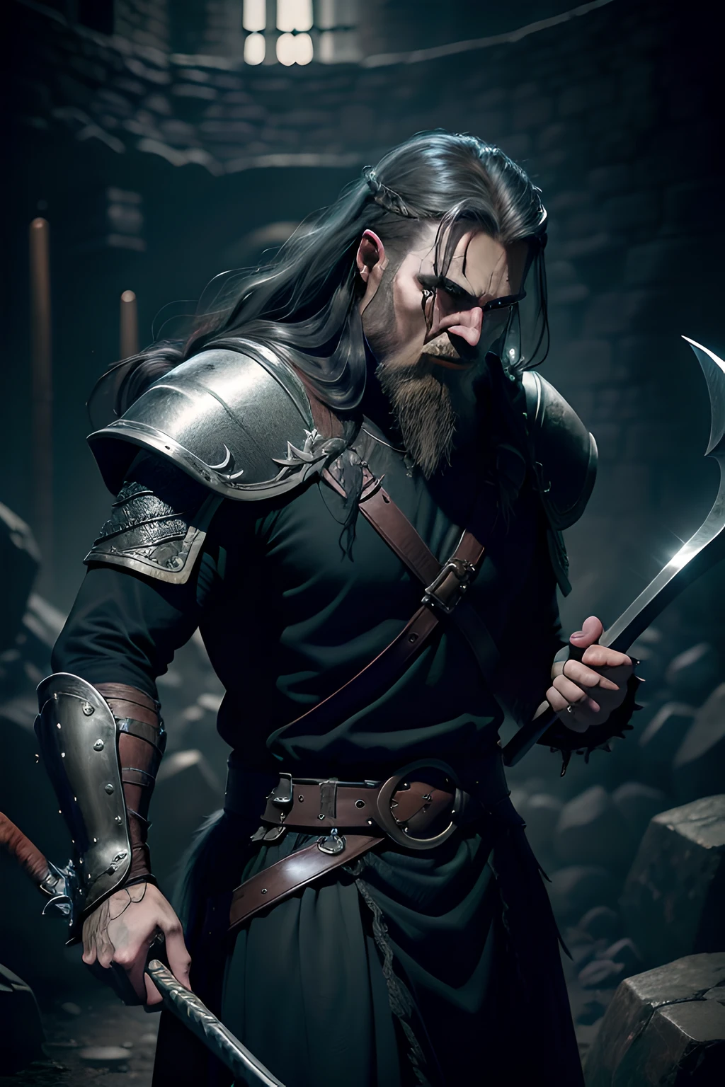 (moody,dark,dungeon synth style)+(brave,viking warrior,battle,wielding battle axe)