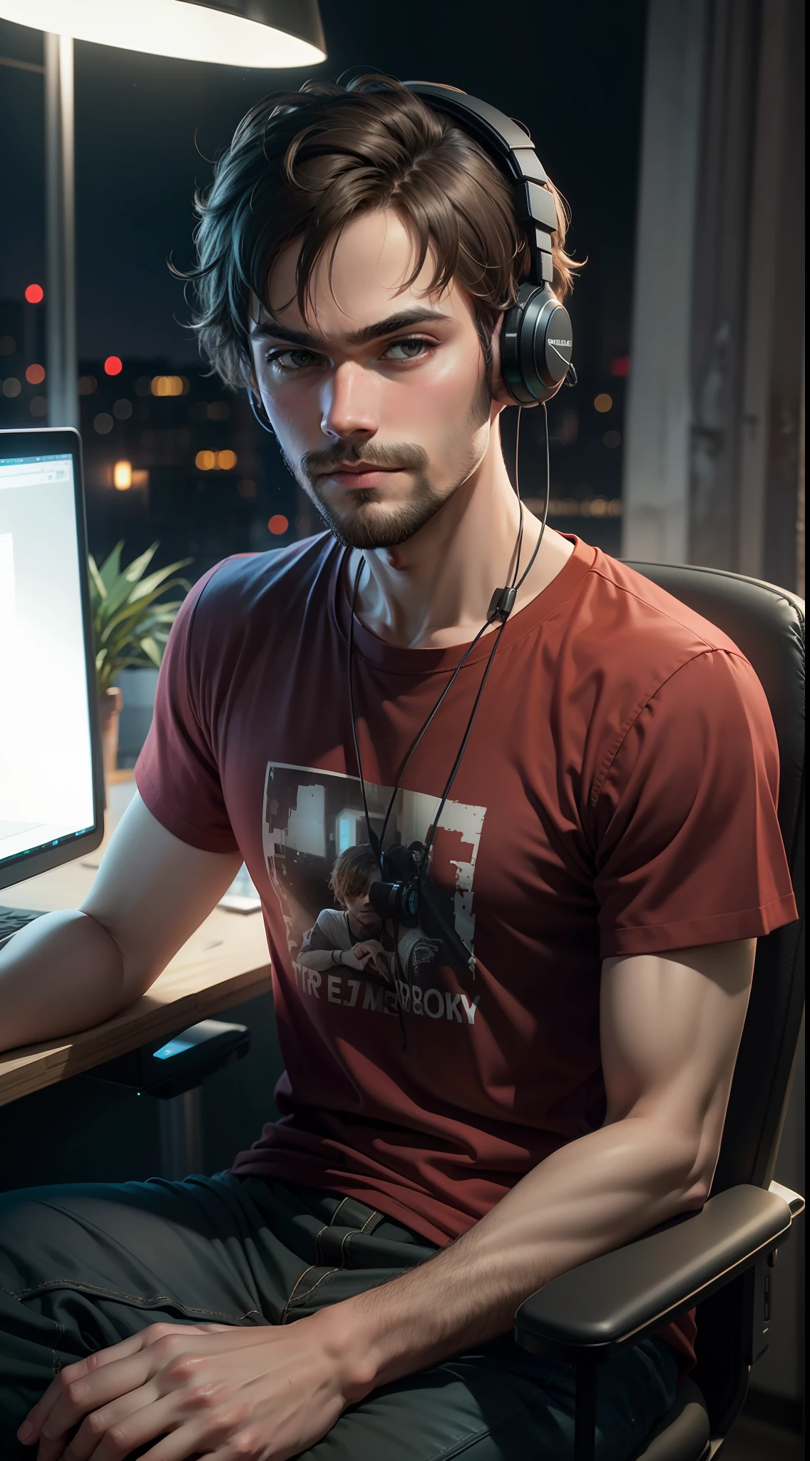 (masterpiece) (best quality) (HDR) (8k)  portrait of PewDiePie clean shaved wearing a red and black t-shirt in a trashy alley at night,  detailed,  half portrait shot, DSLR,  dark theme, two tone lighting, exquisite details,1boy, Someone is playing a computer game while sitting and wearing headphones, room, sitting on a chair and using the computer at the desk