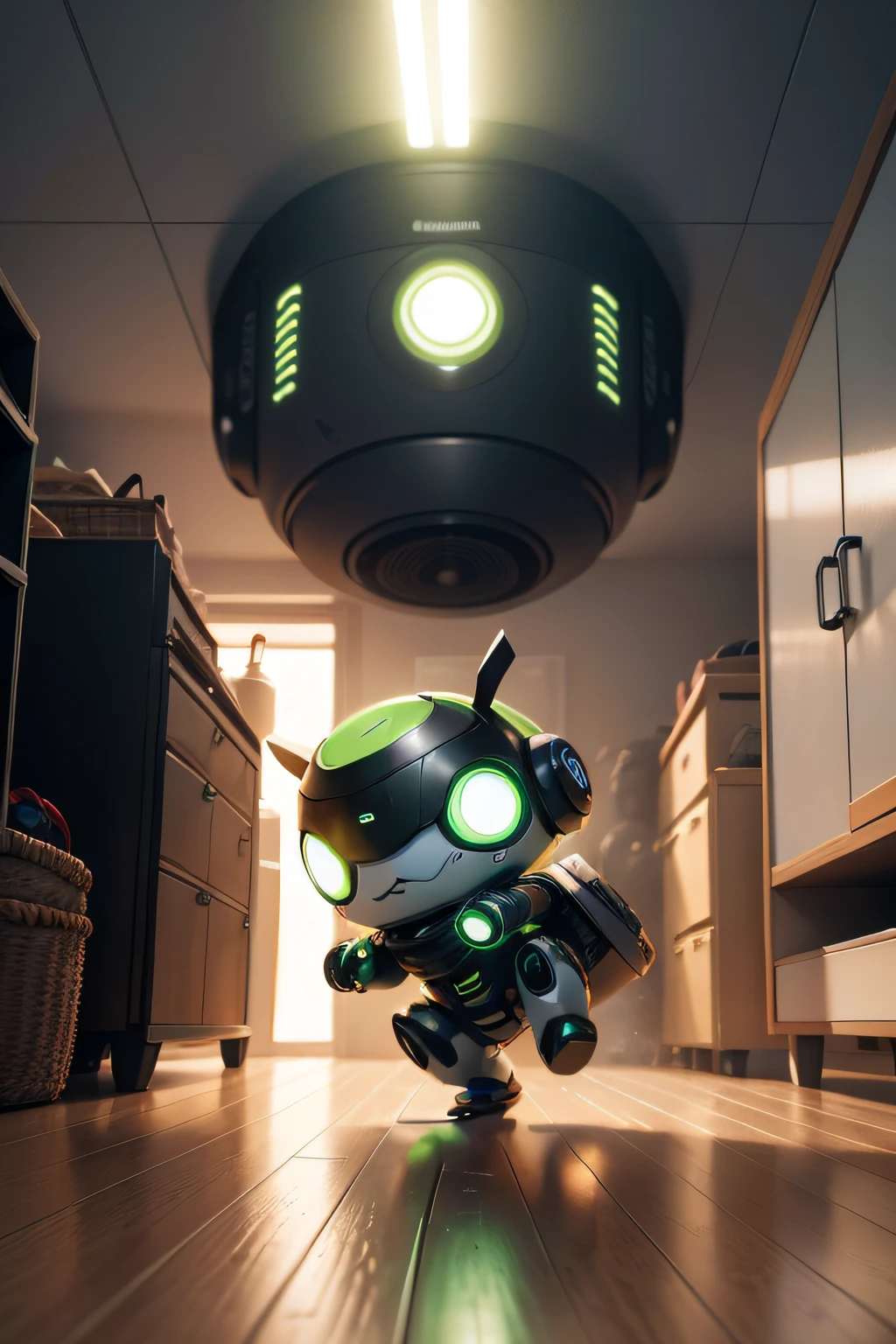 "Anime-inspired Chibi SeaArt: 80% Ugly Roomba, 20% Humanoid Warrior. In an open environment, they embark on an intense cyber battle. Roomba's hideous yet adorable design dominates, with wild, anime-style eyes, as they traverse a perspective path, seemingly fleeing from something. The Roomba warrior swiftly vacuums while facing robotic foes, electrifying atmosphere, stunning effects. Immersive, capturing human-machine dystopian fight. Iconic Roomba color, an epic fusion in motion!"