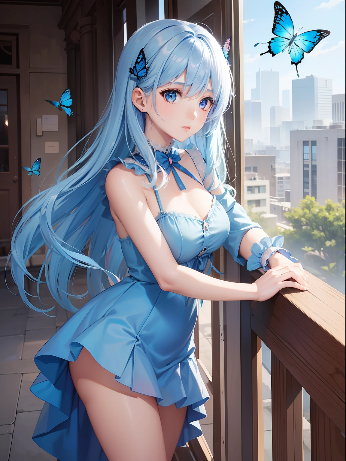 a women, blue butterfly, blue hair, pink eyes, blue dress
