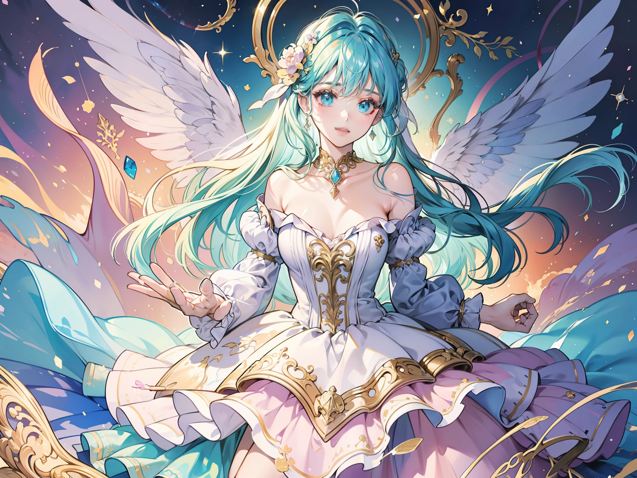 masterpiece, best quality, 8k resolution, sharp focus, intricate detail, beautiful girl, sparkling eyes, golden ratio face, otherworldly liquid, watercolor, ((pastel colors)), bright colors, whimsical, colorful, sharp focus, high resolution, fine detail, ((layered ballgown)), iridescent bubbles
