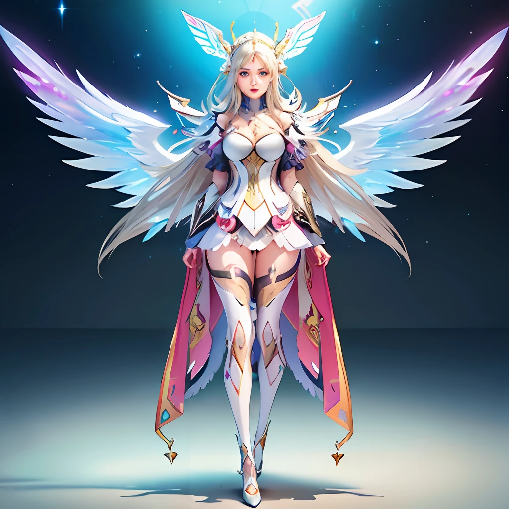 Full body anime touch、full body Esbian2D Anime Illustration、Pastel Color Anime, Beautiful angel woman in spacesuit、spread large silver wings、Cyberpunk Anime Cake、Only one woman, standing on the grass,Illustration Touch、 FULL BODYSHOT、Fashionable,Female Cartoon Character Anime, warrior princess,Watercolor touch、Poster Color Touch、 character designs, Future, kosmos,GAMECHARACTER DESIGN, character artwork