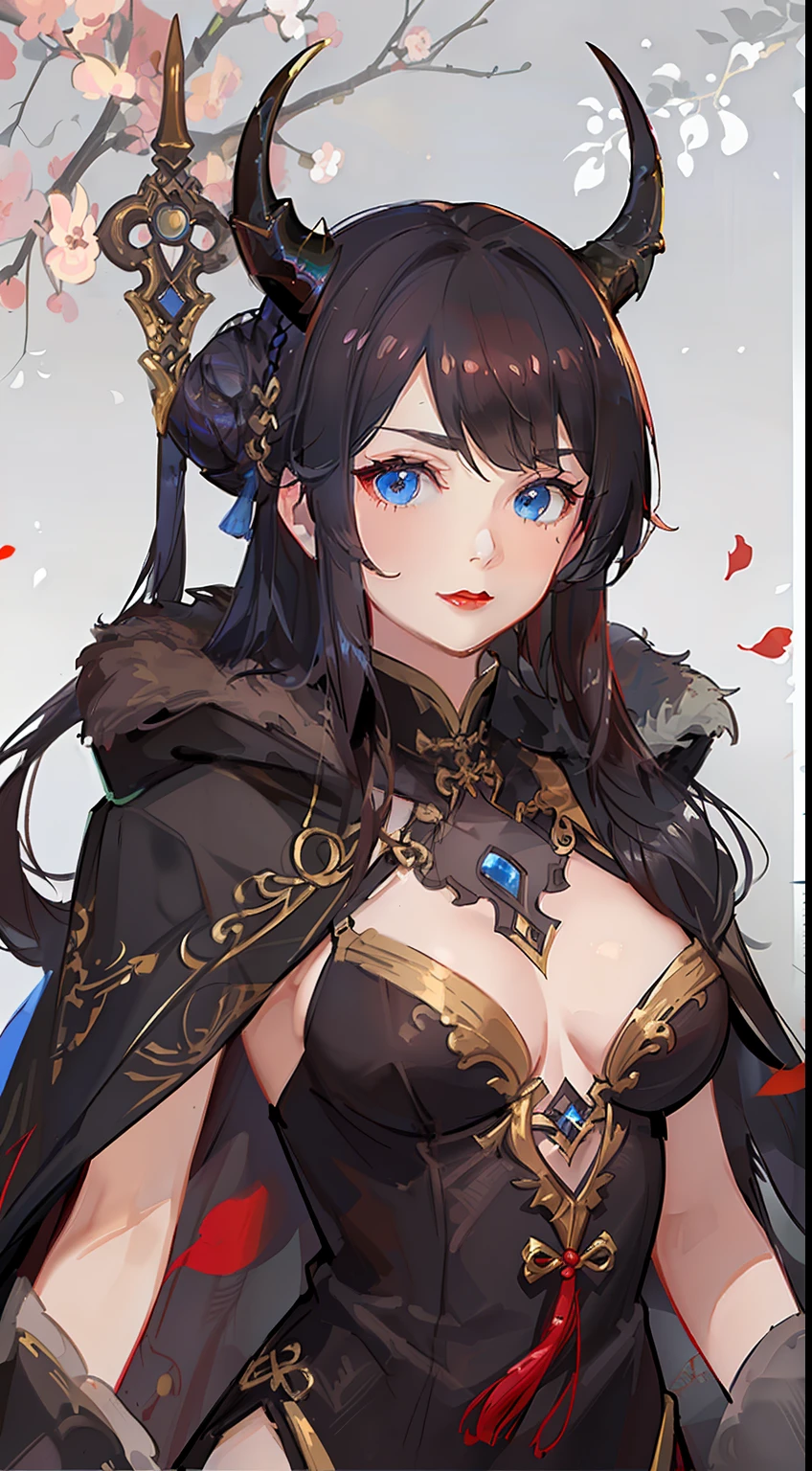 Adult woman, brown hair in bun, dragon horns, blue eyes, red chinese dress, cloak, spear, dragon, Gold inserts, red lipstick, Masterpiece, hiquality