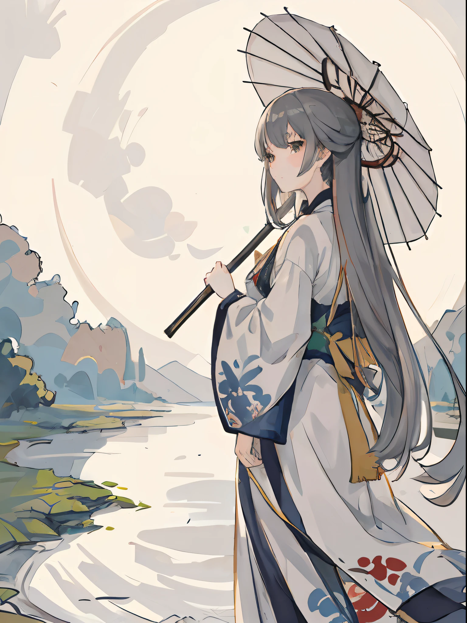 ((4K,Masterpiece,Best quality)), shuimobysim, （Traditional Chinese painting）, SakuraNS, Hanfu, maxikit, Dress conservative 1 woman,Beautiful， 独奏, Gray hair and long hair，white colors, white crane，oil-paper umbrella，full moon，Small pond，High hills