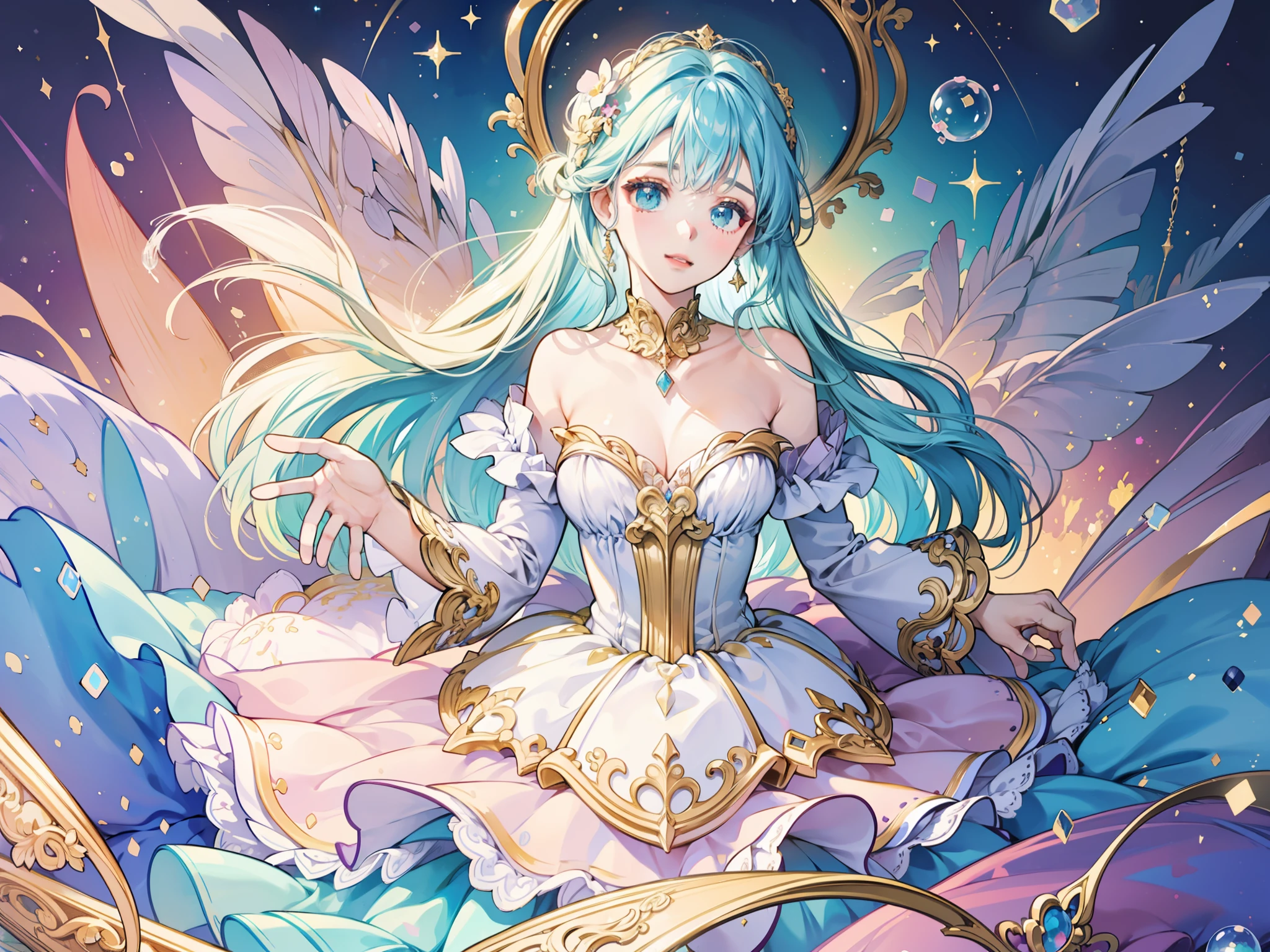 masterpiece, best quality, 8k resolution, sharp focus, intricate detail, beautiful girl, sparkling eyes, golden ratio face, otherworldly liquid, watercolor, ((pastel colors)), bright colors, whimsical, colorful, sharp focus, high resolution, fine detail, ((layered ballgown)), iridescent bubbles