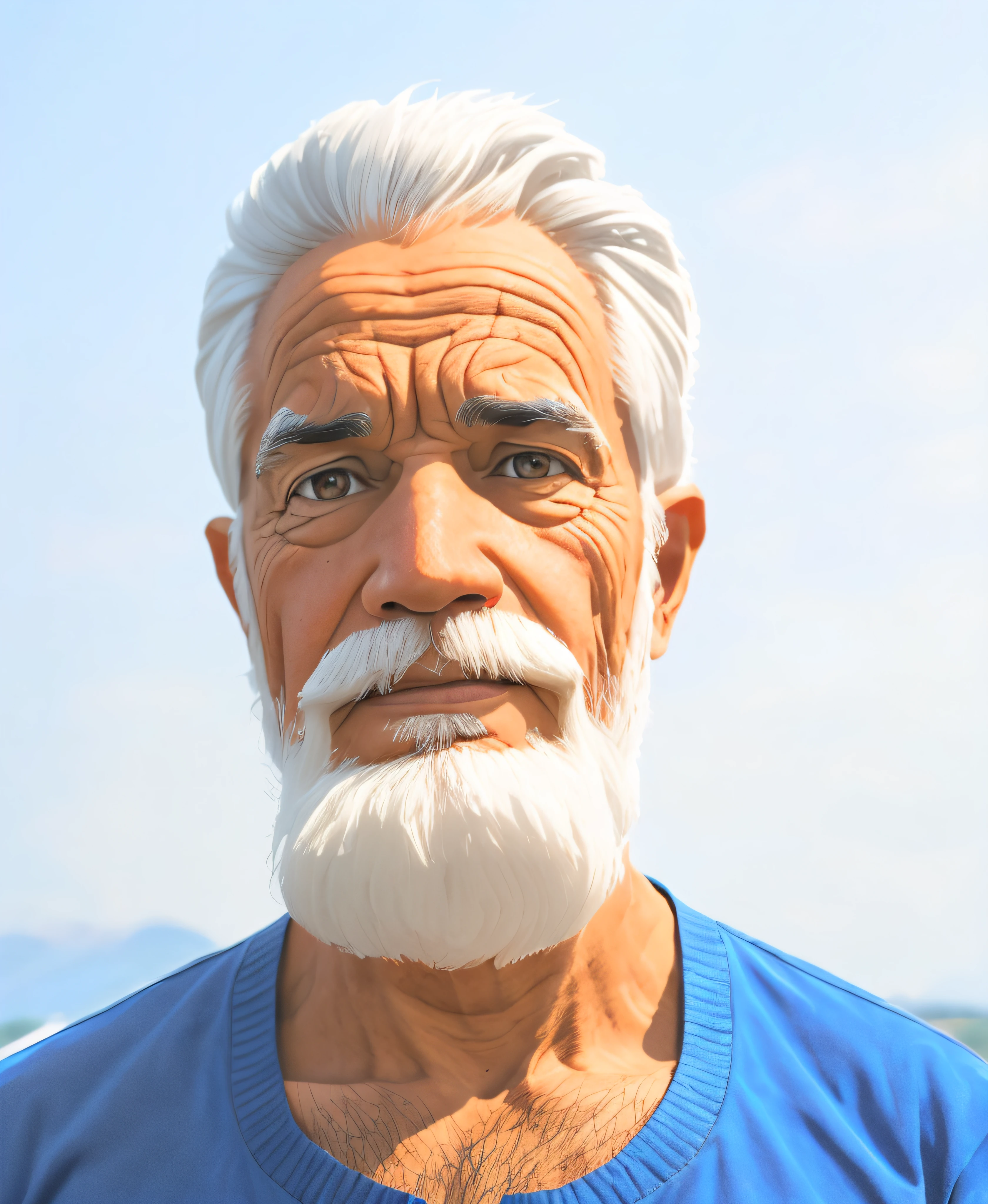 There's a man with a white beard and blue shirt, 3d render senior artist, barba branca curta, retrato de personagem de closeup, Retrato de esconder a dor Harold, barba branca, cabelos brancos e barba branca, retrato do homem velho, retrato vfx altamente detalhado de, closeup retrato de personagem, Retrato VFX altamente detalhado, retrato ultra detalhado, Retrato anime de um homem bonito