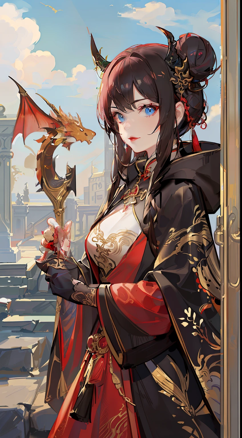 Adult woman, brown hair in bun, dragon horns, blue eyes, red chinese dress, cloak, spear, dragon, Gold inserts, red lipstick, Masterpiece, hiquality