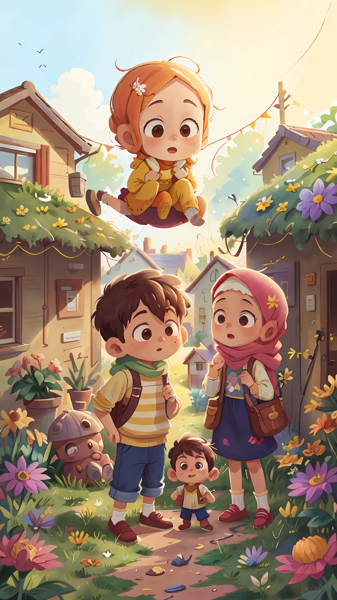 Watercolour. Boy and hijab girl, they are standing, full body, in front of a beautiful and cozy house in the countryside, garden with flowers, sunny, perfect quality, (mess-house: 0.8), (masterpiece: 1.2) (Realistic: 1.2) (Bokeh) (Best quality) (Detailed skin: 1.3) (Intricate details) (8K) (Detail Eyes) (Sharp Focus), (Happy)