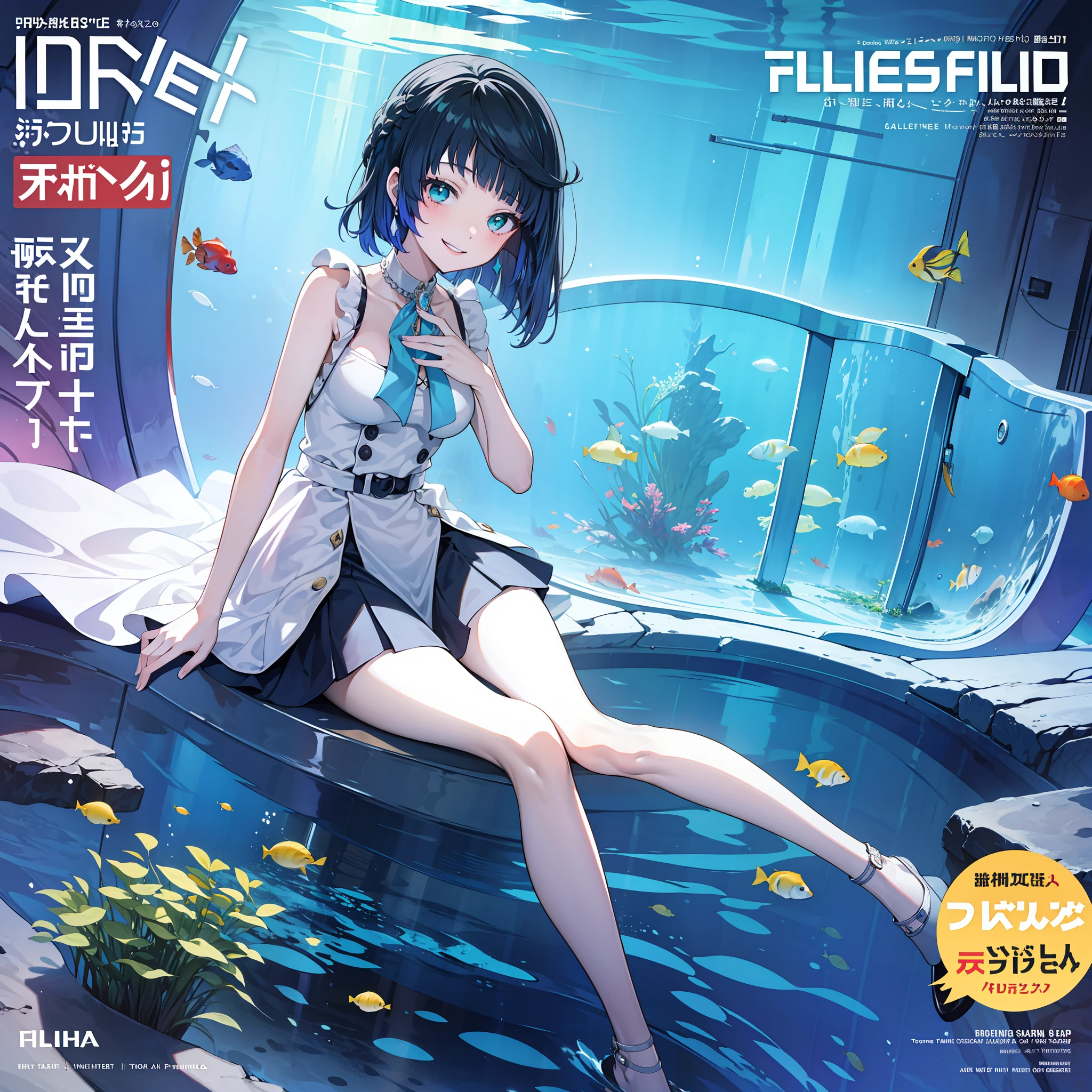 masterpiece, best quality, full body, (1girl), (smiling), ((solo)), (magazine:1.3), (cover-style:1.3), fashionable,Under water, (in side tunnel aquarium),