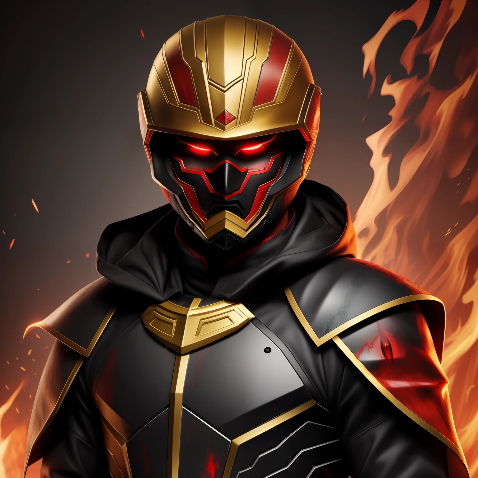 eyes glowing red、angry looking face、Bloody、A detailed face、Detailed black suit、Golden decoration、​masterpiece、top-quality、American flag cloak、a blond、Damaged、helmets、