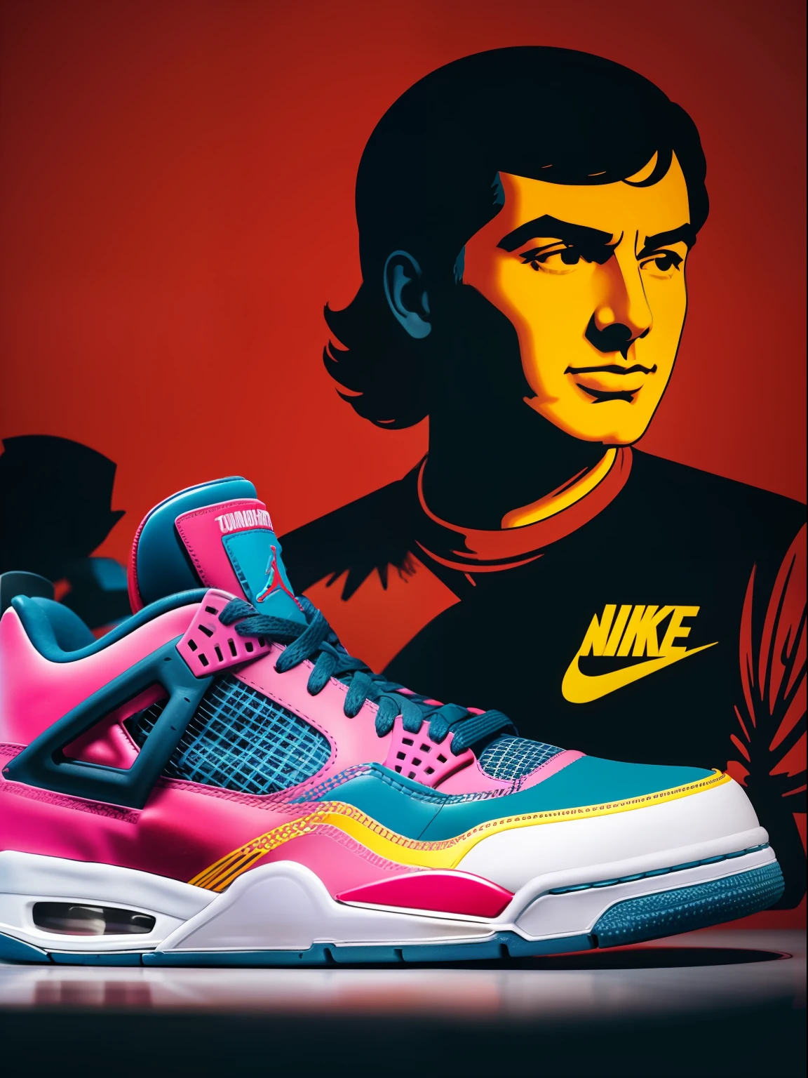 Foto RAW, realista, cinematiclight, muito realista, cheio de detalhes, texture in leather and suede, Serigrafia. A true icon of tennis culture, the Nike Jordan 4 gets a new life through Andy Warhol's creative vision. Com cores vibrantes e estampas ousadas, Tennis celebrates the union between art and sport. Every detail is carefully designed to convey the energy and expressiveness of the pop art movement. Caminhe com estilo e originalidade, Make your mark wherever you go with this unique sneaker, that unites two creative universes in a single work of art. Ambiente is an atelier of Andy Warhol, um atelier de serigrafia com pop art nas paredes, a factory shed.