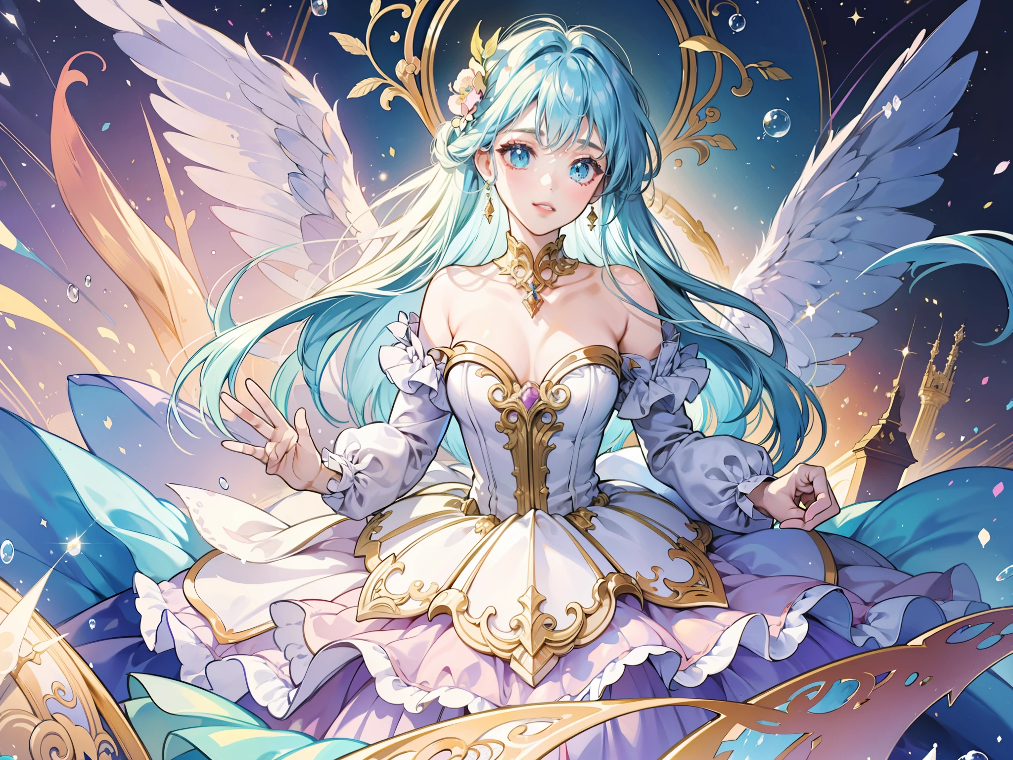 masterpiece, best quality, 8k resolution, sharp focus, intricate detail, beautiful girl, sparkling eyes, golden ratio face, otherworldly liquid, watercolor, ((pastel colors)), bright colors, whimsical, colorful, sharp focus, high resolution, fine detail, ((layered ballgown)), iridescent bubbles