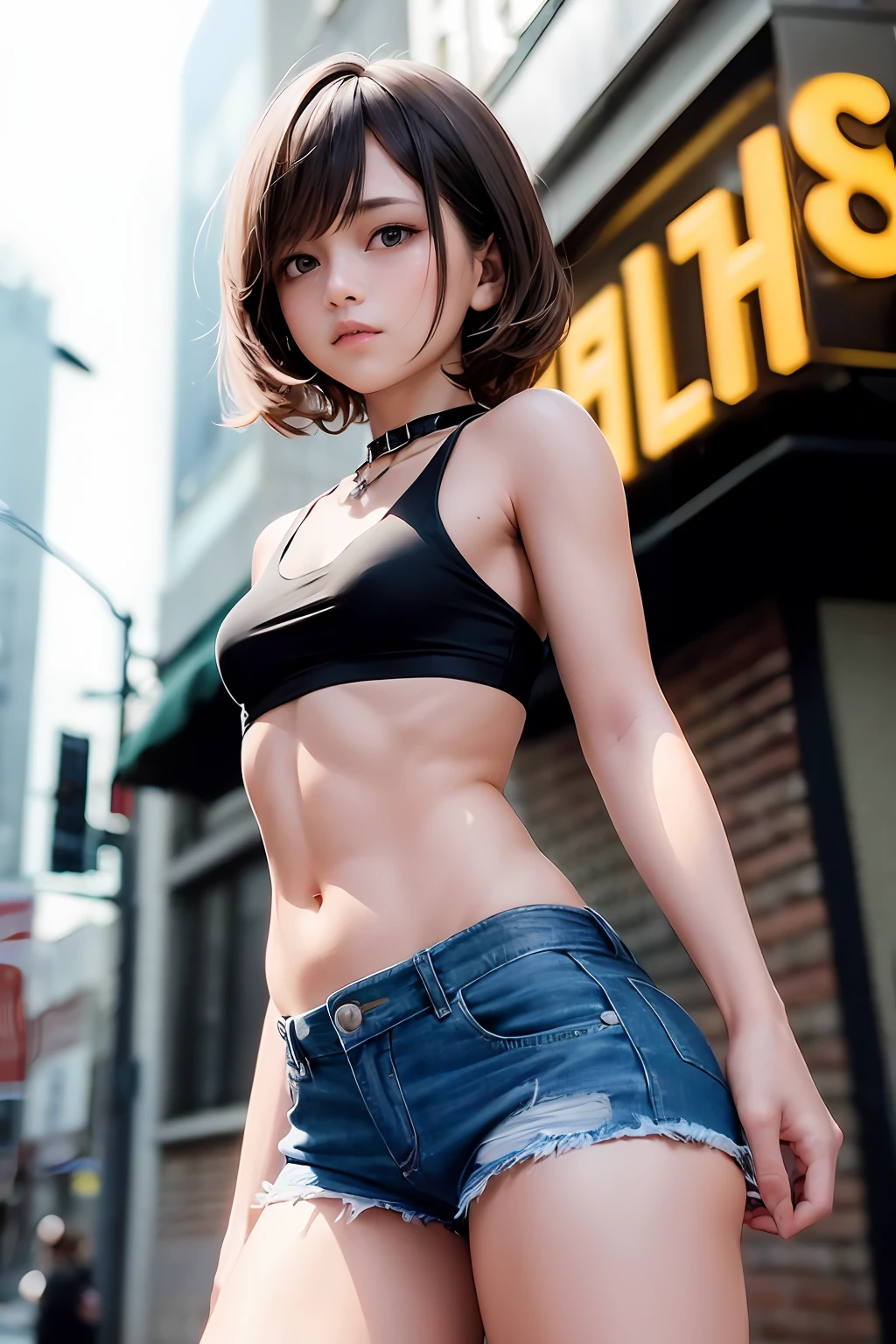 ((medium breast, tomboy girls, small head)), daylight, sunlight, (chiseled abs : 1.1), (perfect body : 1.1), (short wavy hair : 1.2) , auburn hair, collar, chain, full body shot, crowded street, wearing black tanktop, jeans jacket, ((shorts)), (extremely detailed CG 8k wallpaper), (an extremely delicate and beautiful), (masterpiece), (best quality:1.0), (ultra highres:1.0),  beautiful lighting ,perfect lightning, realistic shadows, [highres], detailed skin, ultra-detailed