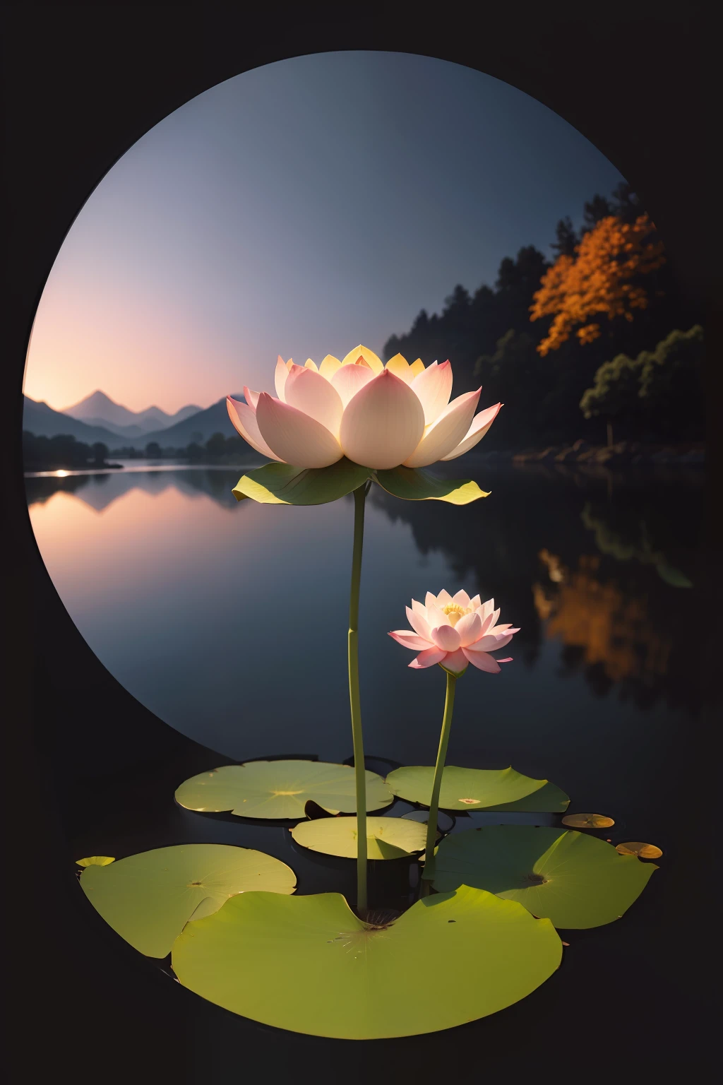 In one lotus flower,Landscape photos,Artistic touch,with black background