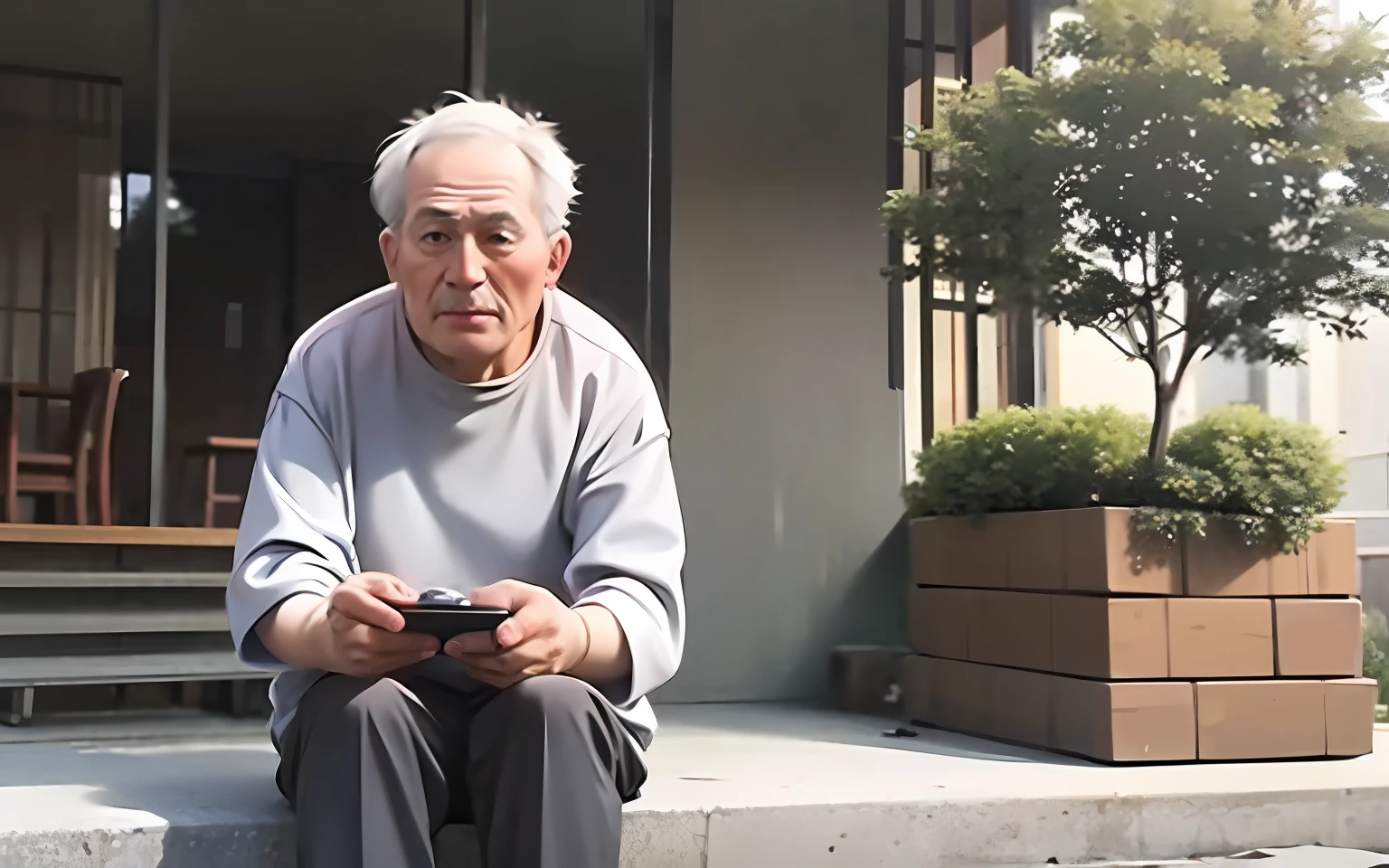 An old man sits in front of the homestay