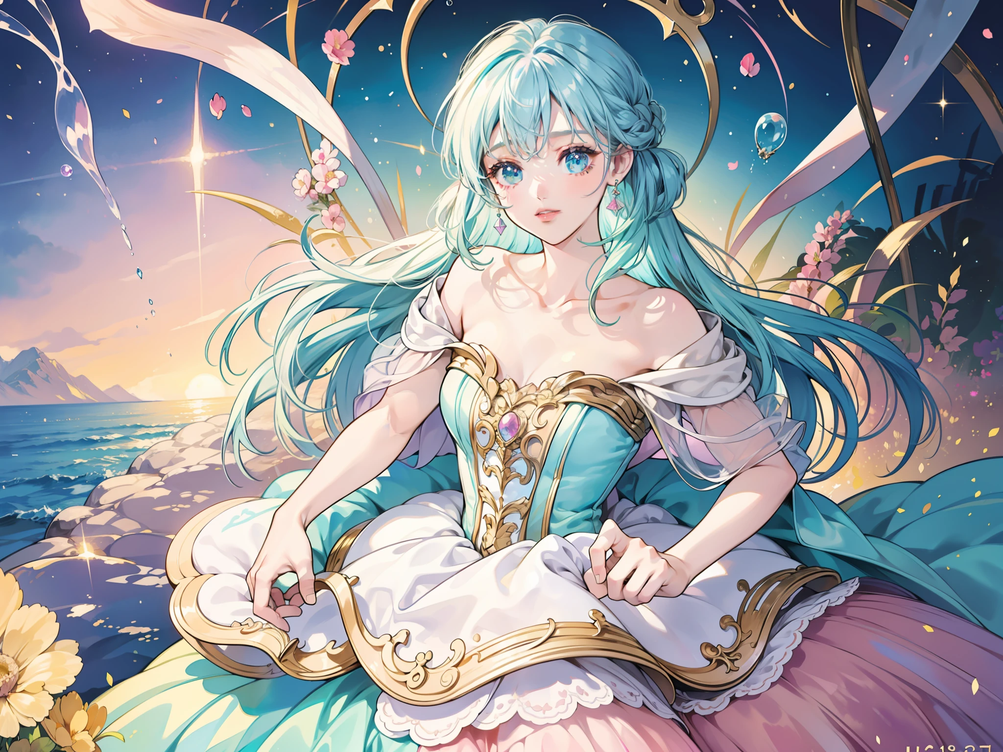 masterpiece, best quality, 8k resolution, sharp focus, intricate detail, beautiful girl, sparkling eyes, golden ratio face, otherworldly liquid, watercolor, ((pastel colors)), bright colors, whimsical, colorful, sharp focus, high resolution, fine detail, ((layered ballgown)), iridescent bubbles