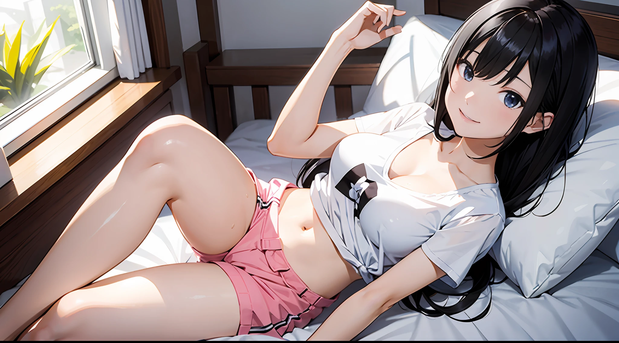 (masterpiece、top-quality)perfect anime illustration、Cute girl with bright smile and shiny black hair 1(a junior high school student)、White T-shirt on the upper body、no-bra、Pink hot pants on the lower body、Slender legs、breast size is average, but well-shaped and beautiful,、So that the whole body goes into the illustration、The place is on the bed by the window at home