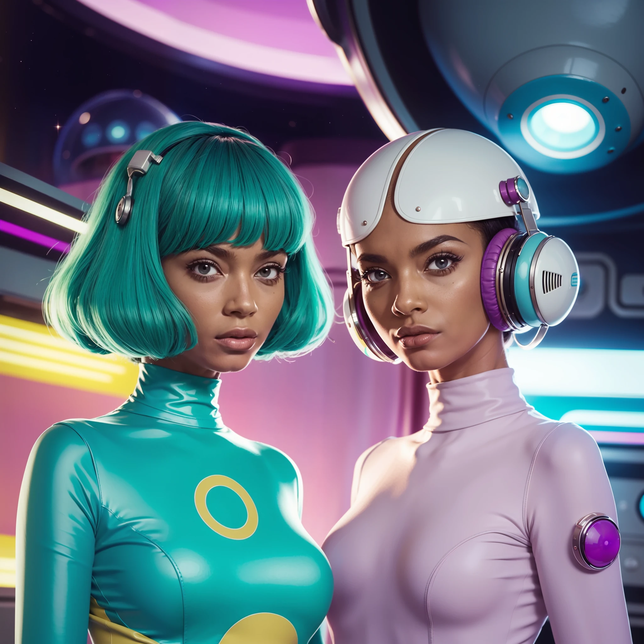 4k image from a 1960s science fiction film by Wes Anderson, Filme O Grande Hotel Budapeste, pastels colors, Black woman wearing retrofuturistic alien masks and holding colorful suitcases and chests on the bus, Retro-futuristic fashion clothes from the 60s with old robots, Luz Natural, Psicodelia, futurista estranho, retro-futurista, photo-realistic, Sharp background details.