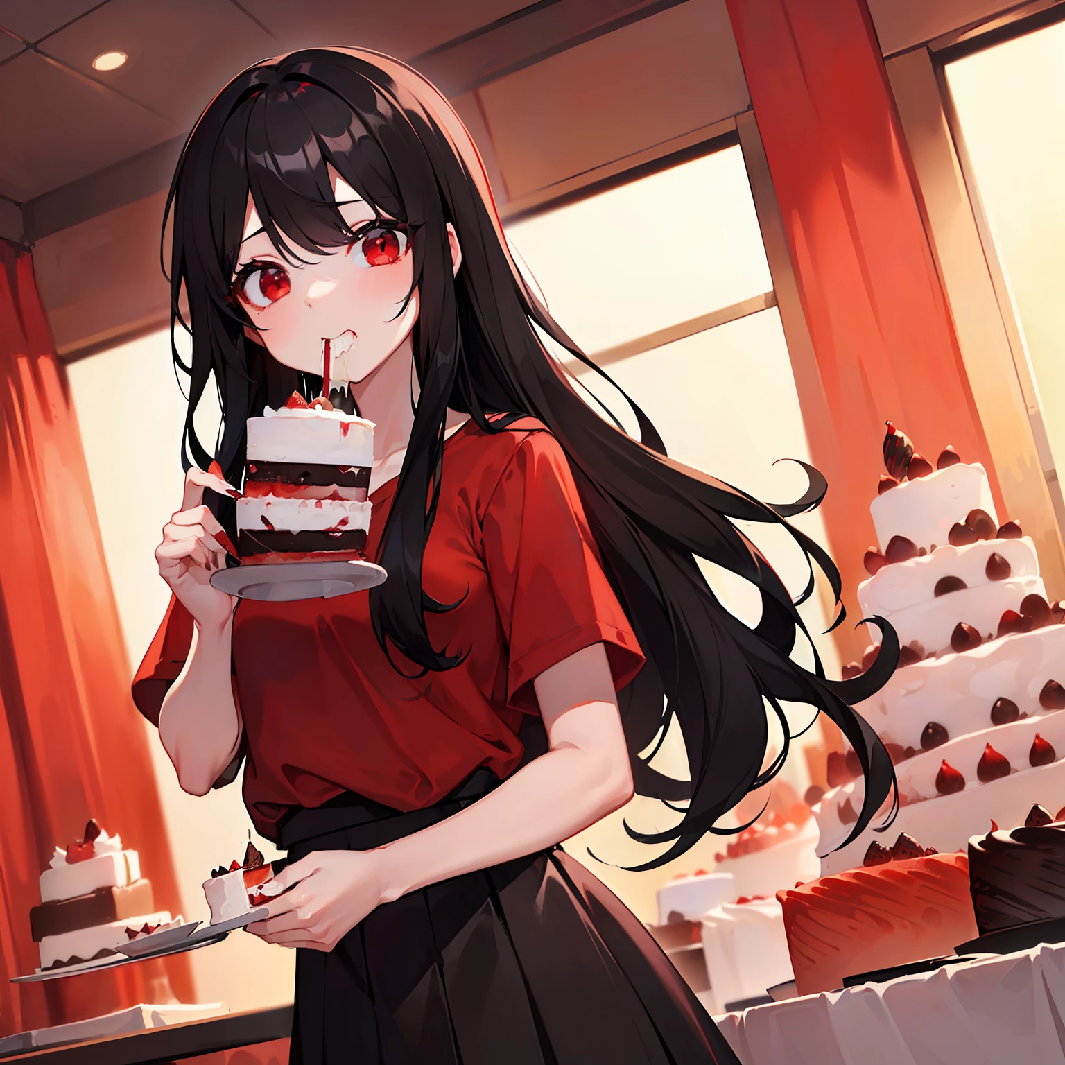 ​masterpiece、hightquality、vivd colour、(((Long Black Hair、Red Shirt、a black skirt、red eyes)))、(((eating cakes)))、Cake Mont Blanc