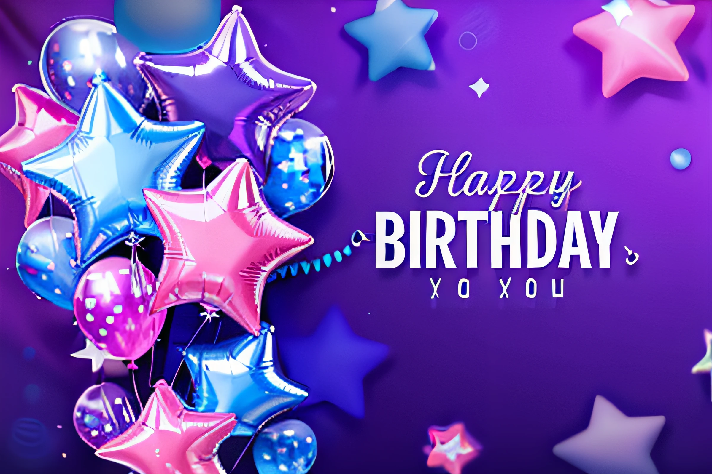 Purple birthday card with balloons and stars, happy birthay,  shining and happy atmosphere, lighthearted celebration, purple and blue colored,  💕 🎀, purple color-theme, background-image,