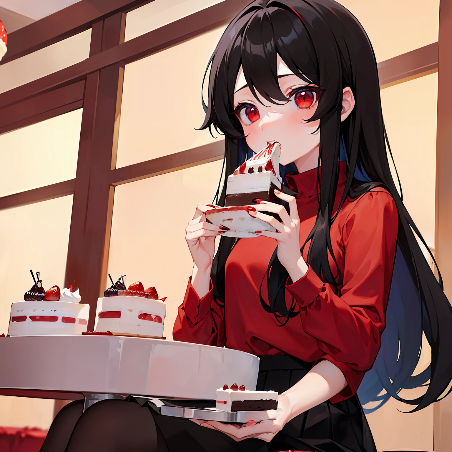 ​masterpiece、hightquality、vivd colour、(((Long Black Hair、Red Shirt、a black skirt、red eyes)))、(((eating cakes)))、Cake Mont Blanc