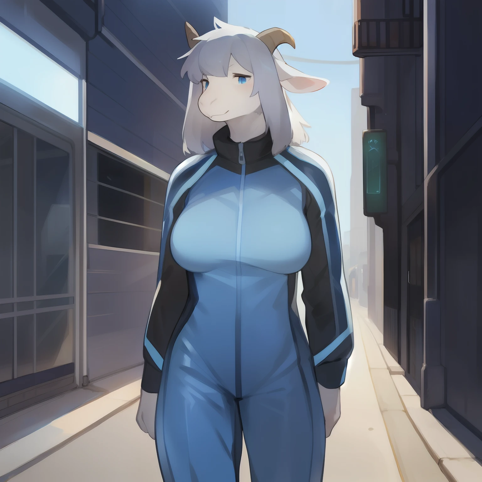 Solo, female, black and blue spacesuit, ((hair, snout)), goat, by bebebebebe, standing, street, breasts,