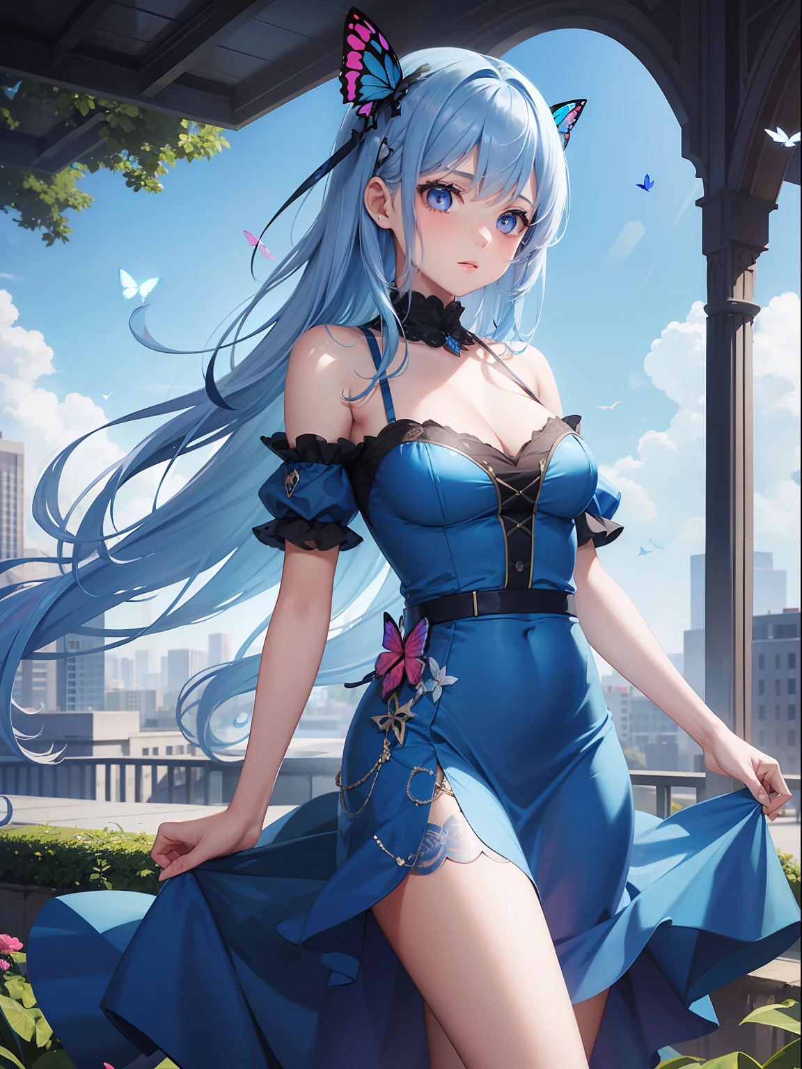 a women, blue butterfly, blue hair, pink eyes, blue dress