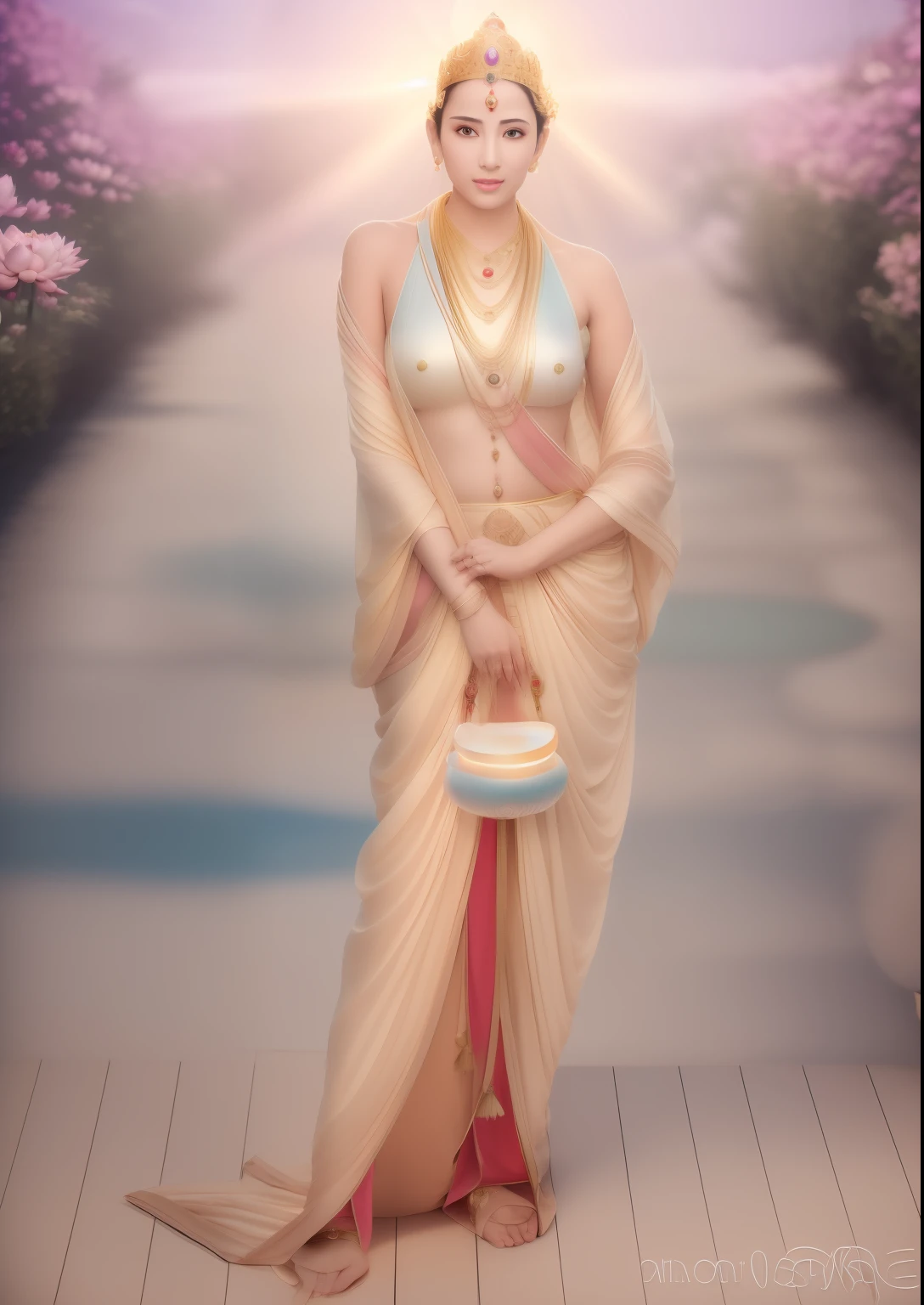 In the void, Beautiful goddess standing leisurely in a garden wonderland,The wind blew streamers and flew up,Five-colored cloudy sky,Perfect body posture,Barefoot,Beautiful eyes sparkle,The large, Jewel-like eyes sparkle,Clear pupils have reflected light,二重まぶた,Lying silkworm,((Plump and rosy lips))Nipples clearly visible,((Flushed cheeks)),The mandible is plump,Fair skin is delicate and smooth,Delicate skin translucent,A delicate and dexterous crown,inlaid gemstones,Exquisite and ingenious,inlaid gemstones,Sitting on a light red lotus in the air,look straight at the camera,(((nice hand))),((((Good feet))),(((good legs))),realisticlying,white skinned,((Correct body structure)),White clothing,decorated in white,baiyun,Blue sky,Head background with round light,Behind him is a colorful rainbow circle,Color glow is turned on,Front lighting,Positive light,No shadows on the face,There are no shadows on the body,Blue sky,Unreal space,ethereal world,dreamworld,with blue sky and white clouds,tmasterpiece,4K,ultra-definition,professional photoshooting,Standard lens shooting,