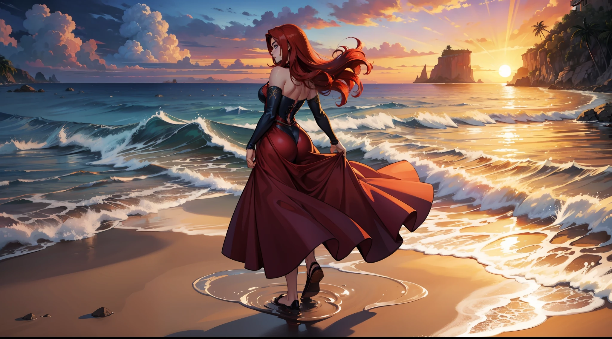 Beautiful red hair woman walks near the water on a paradisiacal beach at sundown, isometric visual, high resolution, sunset illumination, golden hour, photorealistic, intricate details, high quality