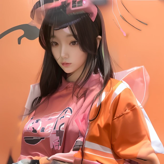A dark-haired、pink clothing、Orange shirt