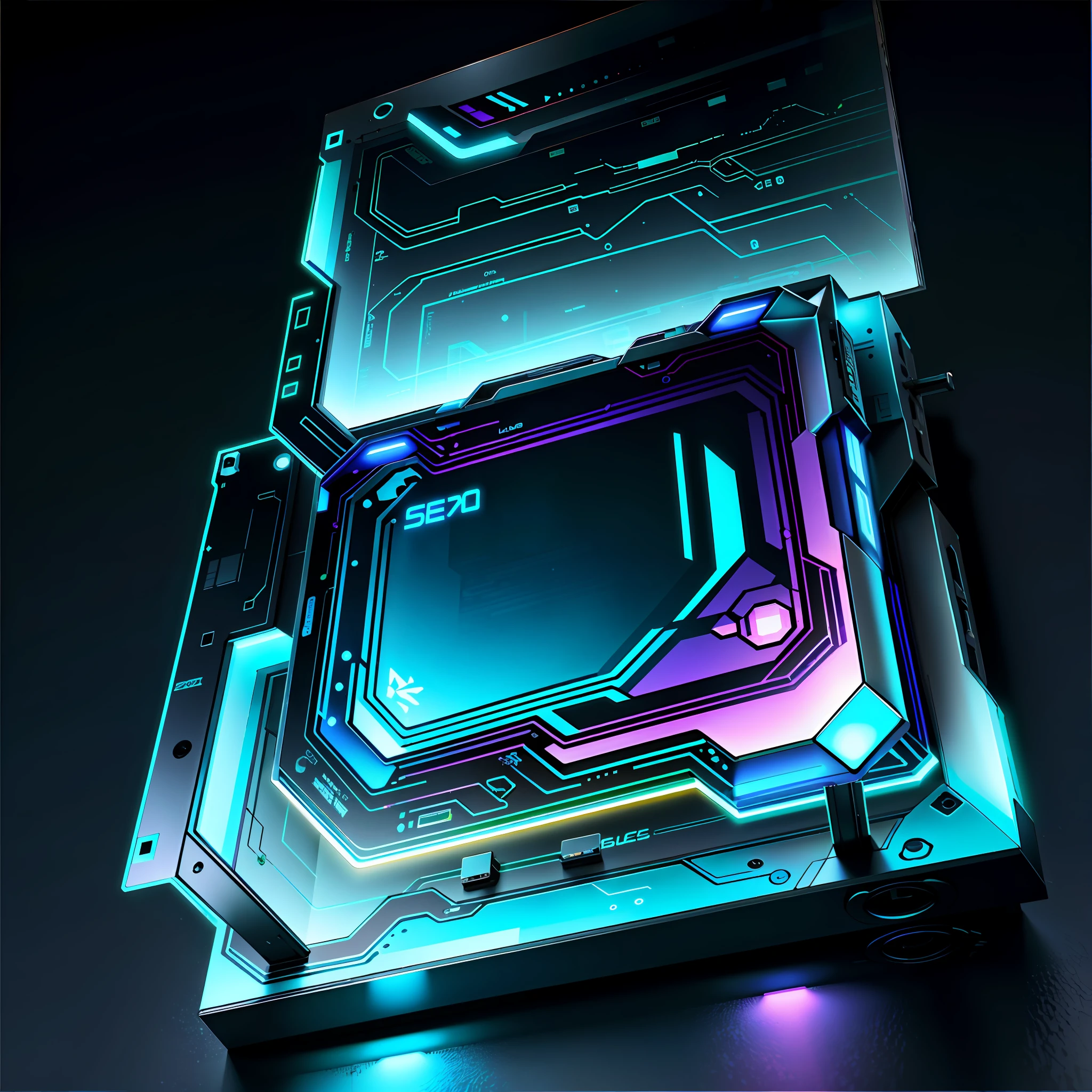 placa rectangular GlassSteelAI CircuitBoardAI sin fondo muy realista y detallada con luces de neon morado y azul claro