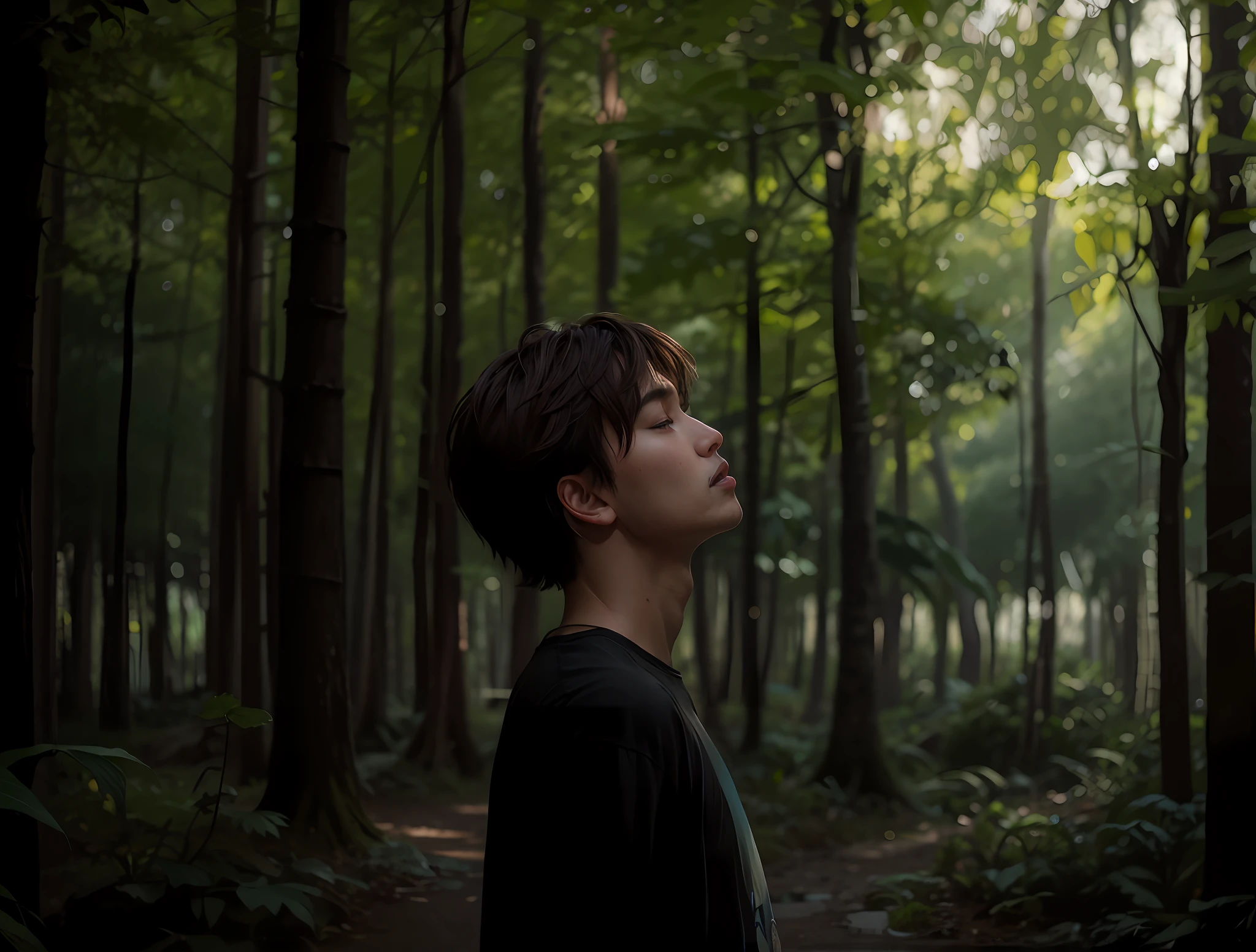 Portrait of tough boy standing in dark forest，epic style，rendering by octane，Desert composition，beauitful face，ultra-realistic realism，oil on the canvas，awardwinning，tmasterpiece，trending on artstationh，by Ghibli Studio。ultra-delicate、8K、HDR、octaneratingrendering、Redshift、Unreal Engine 5。Professional color grading，atmospurate，amazing depth，rich colours，Powerful images，Psychedelic overtones，4K，8K。