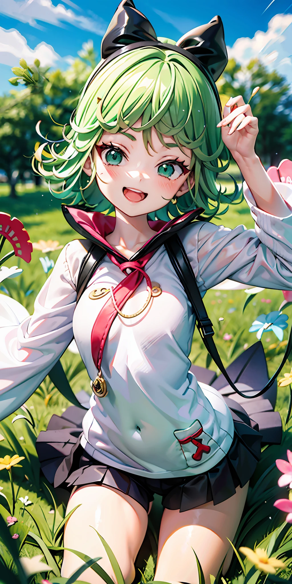 tatsumaki,Bare leg base，Short green hair，Juvenile，Grass amusement park，Cute loli style，having fun，Fleshy thighs