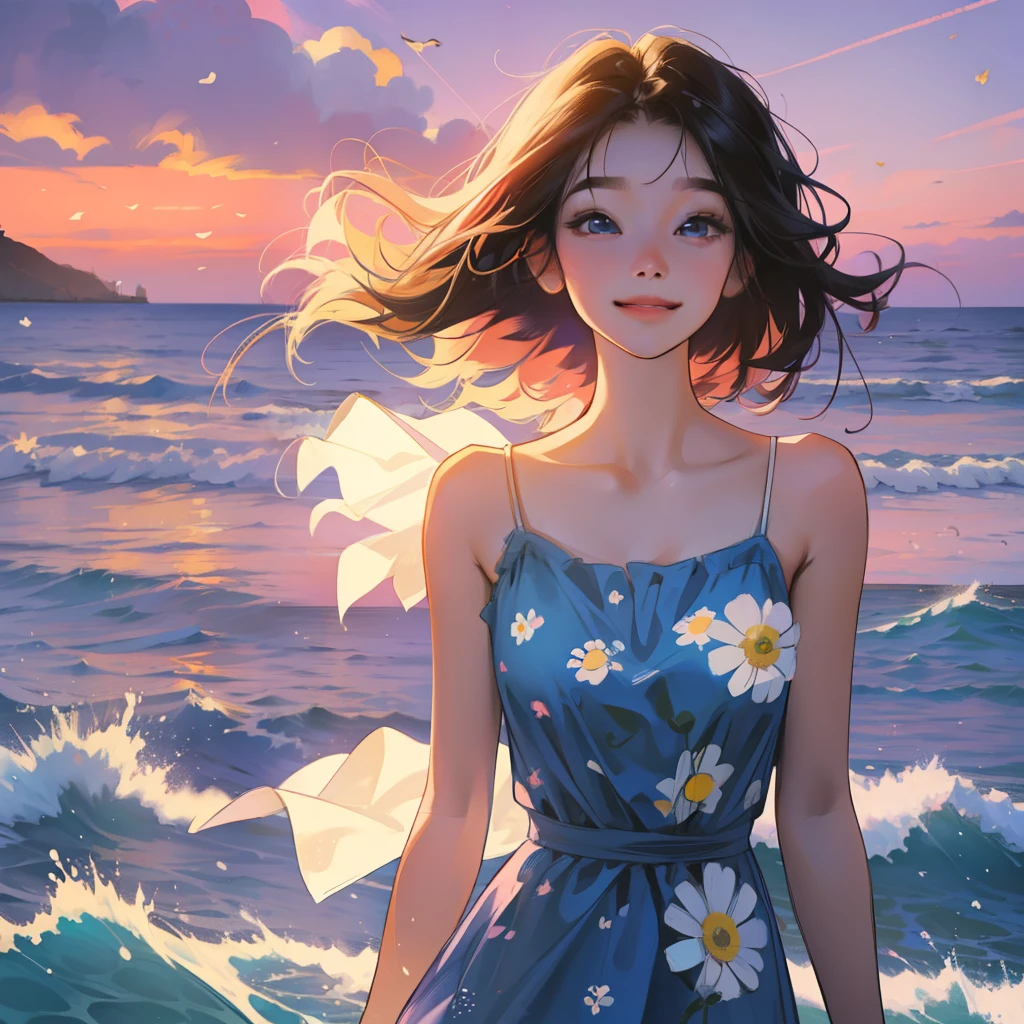 A girl with long hair，Wearing a blue slip dress，There is a small daisy print on the clothes，smiling and looking into the camera。She stood by the sea，The hair is blown by the wind，The background is a pink-purple sky。Please draw this scene in Miyazaki's style。