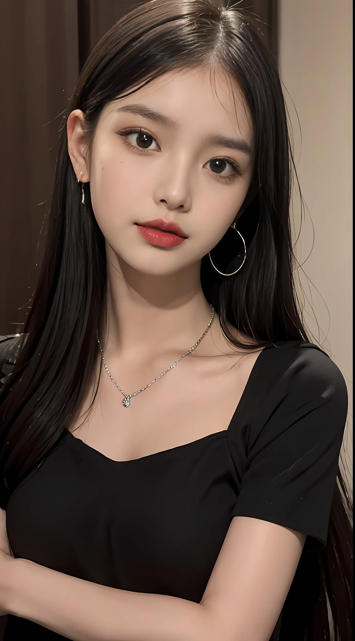 (tmasterpiece)，Best quality at best，8K分辨率，3D，A beautiful girl，Wear suspenders，With a necklace，There is a beauty mole under the corner of the left eye ，perfect body figure，((Beautiful detailed face))，(full bodyesbian:1.2)，Black color hair（Untidy），Delicate makeup，Redlip，Oily lips，long eyelasher，With silver earrings，Big bright eyes，eye shadows，Lying silkworm，cinmatic lighting，cute female child，Works of masters，high detal，The picture is colorful，Light and shadow details，Extremely delicate beautiful girl，Supple and fair skin，Exquisite facial features，s the perfect face，Stunning beauty，extremy detailed，Realistic details，face to the viewer，, sharp fokus:1.2, 1girll