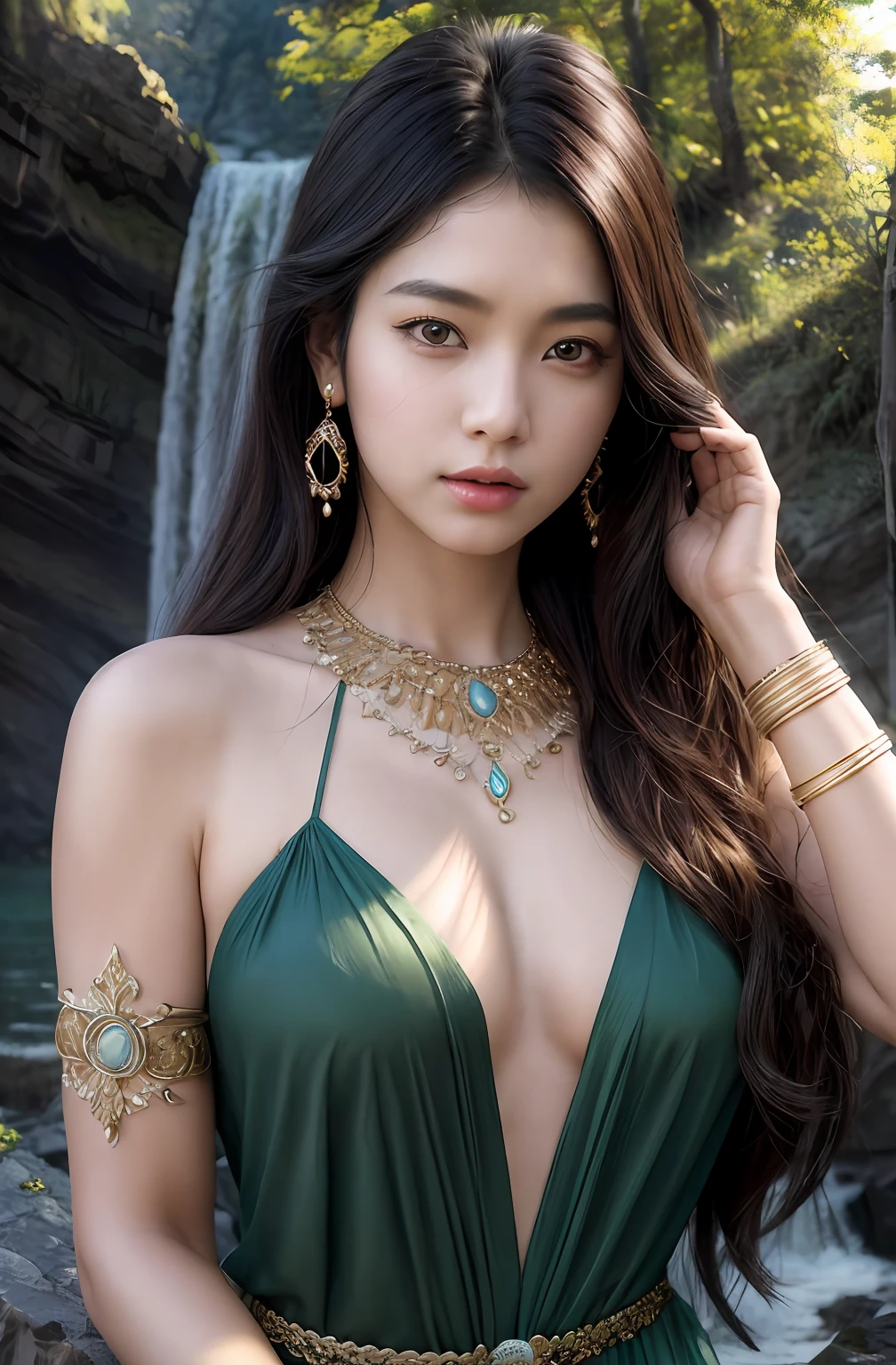 ((Realistic:1.5)),Ulzzang-6500:1.4,((Best quality)), ((Masterpiece)),((Detailed)),2girls,duo,{2 beautiful women}, (Upper body:1.3),Hug and touch each other, Tease your friend's waist, Breathless friends, Biting a friend's earlobe, crouched,super wide shot,Face focus, Long legs,Curvy, Barefoot,Wide hips, Thin legs, Oversized eyes,Long eyelashes, (Detailed face,beautidful eyes, detailedpupils,detailed clothes features, Clear background:1.3), (armlets, bangle:1.3), Mysterious ancient ruins, floresta exuberante, Deep canyon,bridge,River,cliff,Cloud,lakes,Rock music,Waterfalls, Flowers, Grass,grape trees,tree,bright detail,Sharp,Perfect compounding, Intricate, Sharp focus, Dramatic,