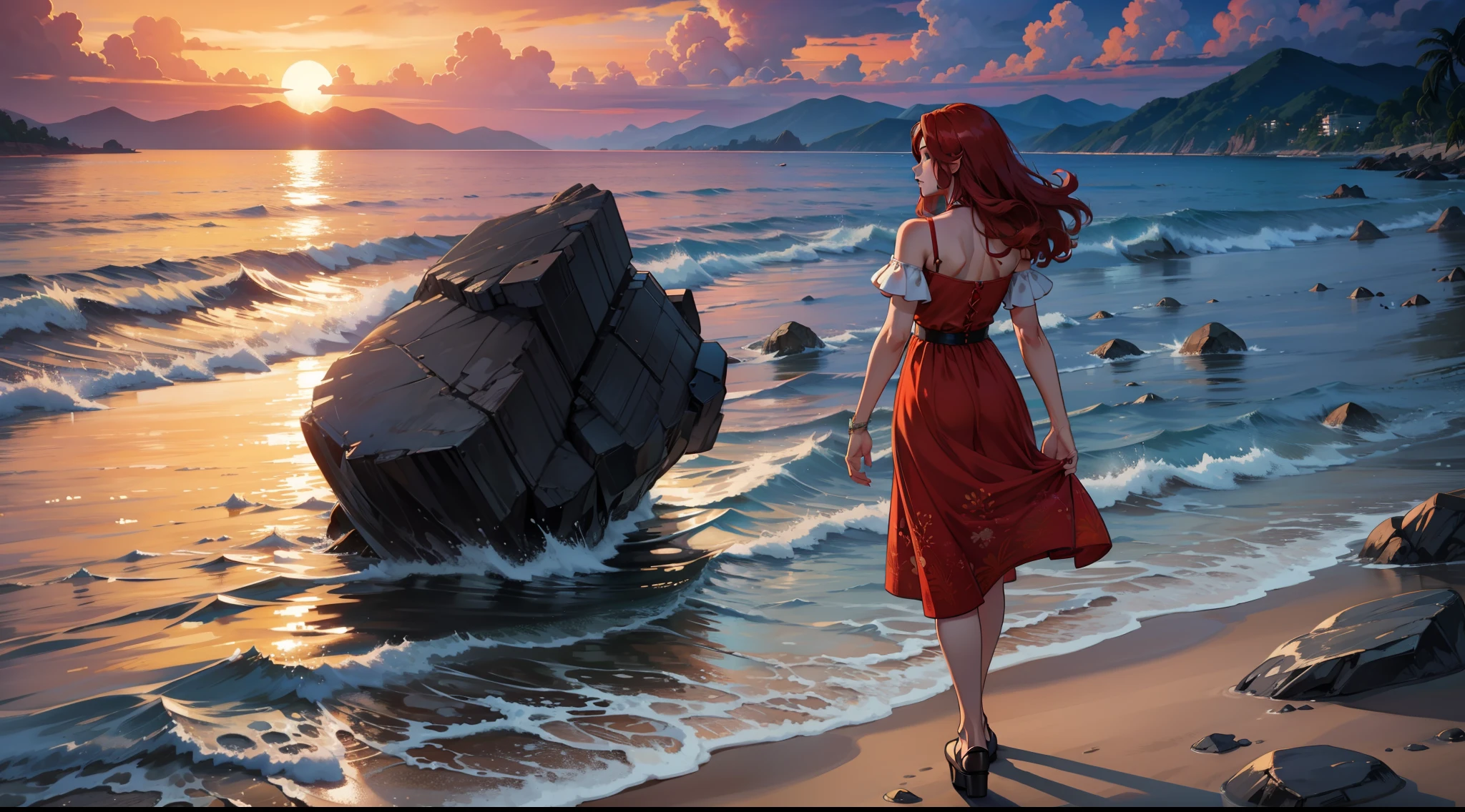 Beautiful red hair woman walks near the water on a paradisiacal beach at sundown, isometric visual, high resolution, sunset illumination, golden hour, photorealistic, intricate details, high quality