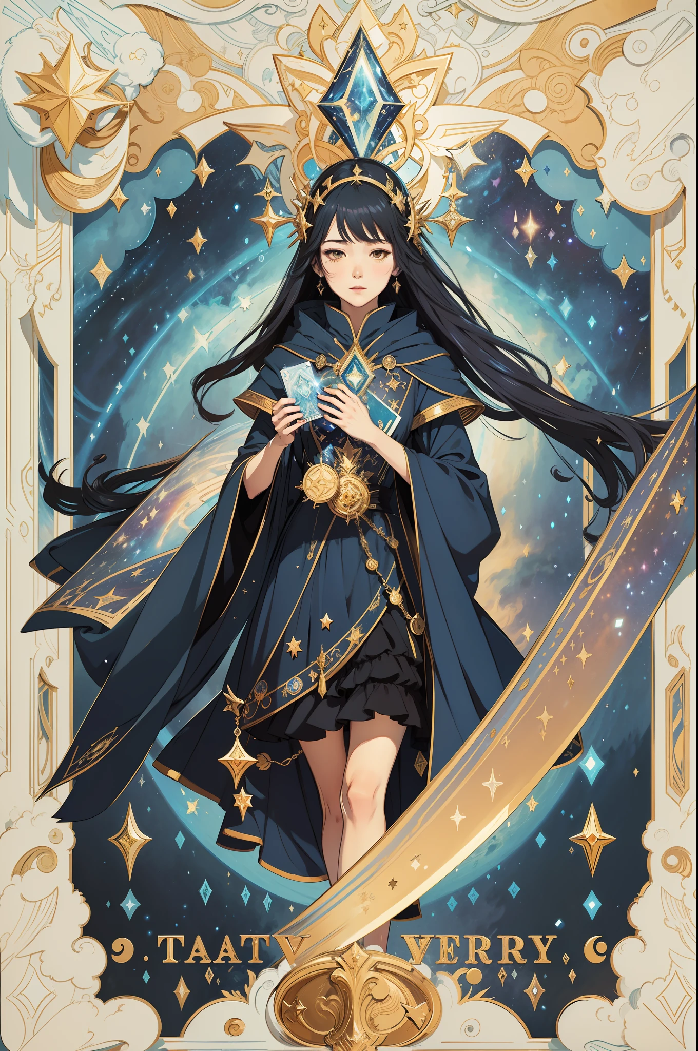 Tarot cards come to life, Perfect quality, Ultra-high fineness, Beautiful illustrations, Mystery style, Card pattern, Incorporate vivid colors and textures, Mysterious elements, Shining starry sky, Deep symbolism, exquisitedetails, A magical future portents, A gripping interpretation of destiny。