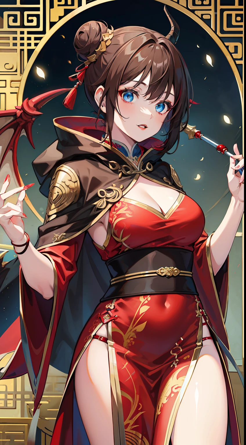 Adult woman, brown hair in bun, dragon horns, blue eyes, red chinese dress, cloak, spear, dragon, Gold inserts, red lipstick, Masterpiece, hiquality