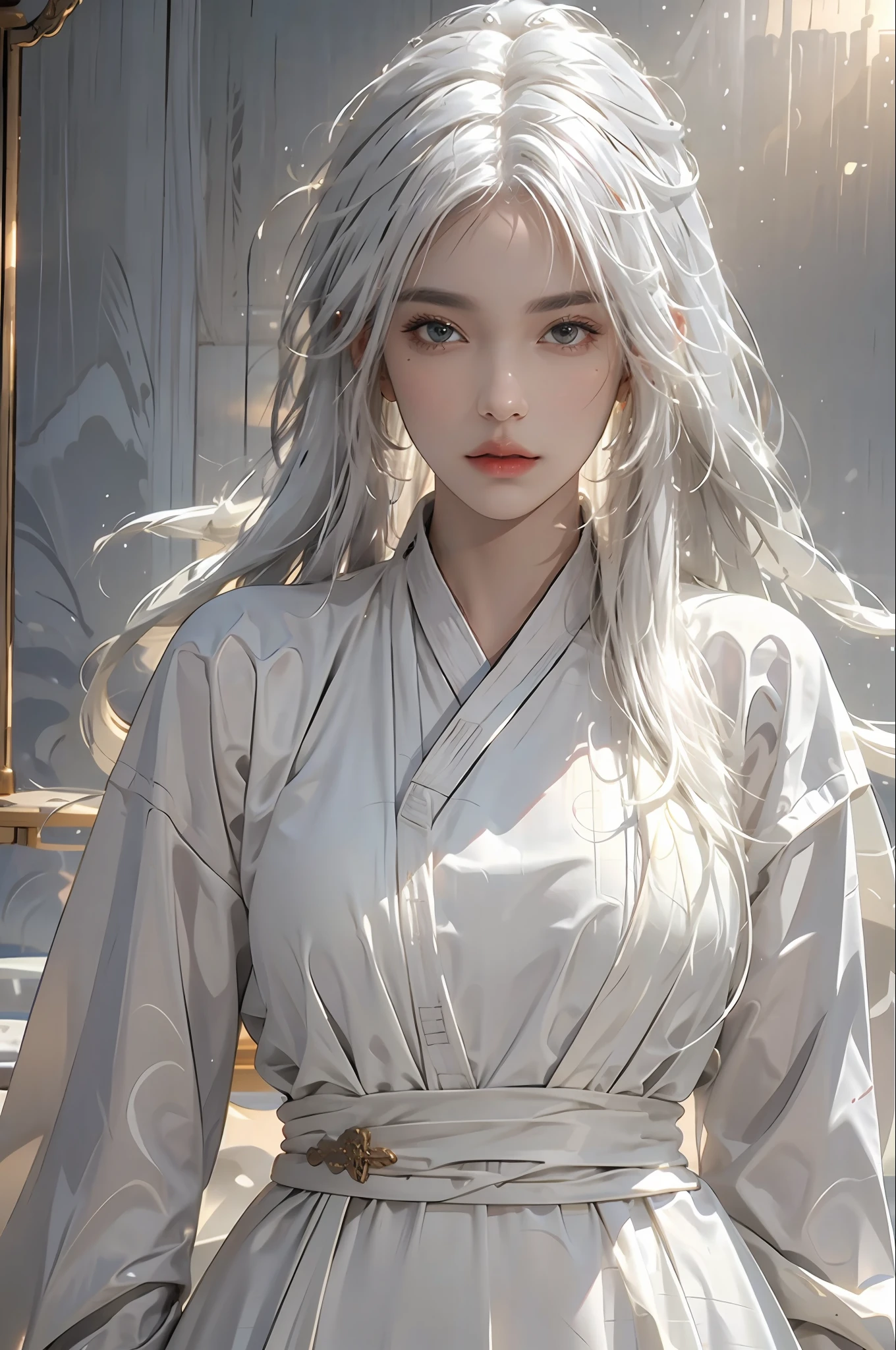 photorealistic, high resolution, 1women, solo, hips up, look at viewer, (detailed face), white hair, long hair, Taoist robe,oversized clothes