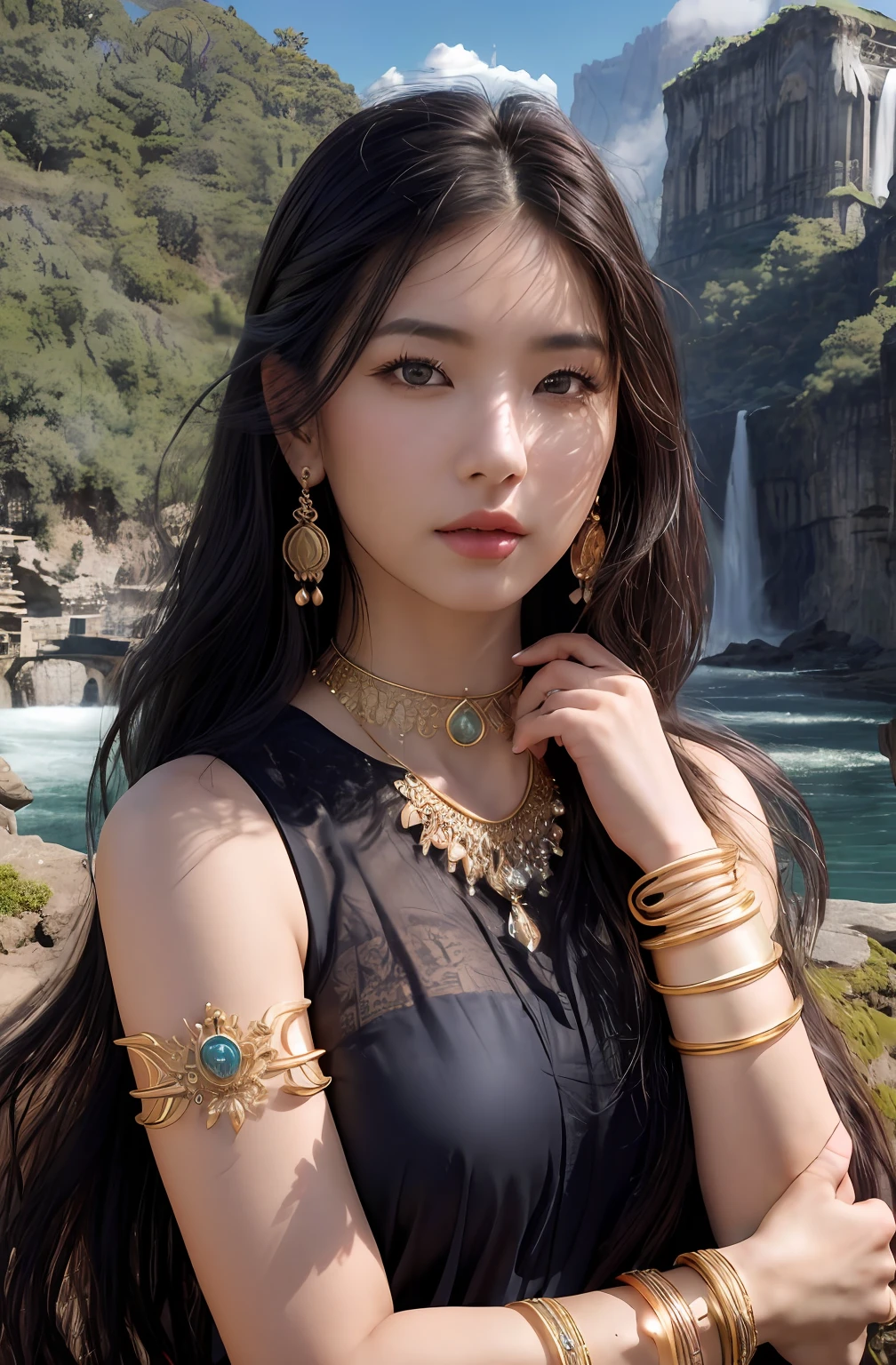 ((Realistic:1.5)),Ulzzang-6500:1.4,((Best quality)), ((Masterpiece)),((Detailed)),2girls,duo,{2 beautiful women}, (Upper body:1.3),Hug and touch each other, Tease your friend's waist, Breathless friends, Biting a friend's earlobe, crouched,super wide shot,Face focus, Long legs,Curvy, Barefoot,Wide hips, Thin legs, Oversized eyes,Long eyelashes, (Detailed face,beautidful eyes, detailedpupils,detailed clothes features, Clear background:1.3), (armlets, bangle:1.3), Mysterious ancient ruins, floresta exuberante, Deep canyon,bridge,River,cliff,Cloud,lakes,Rock music,Waterfalls, Flowers, Grass,grape trees,tree,bright detail,Sharp,Perfect compounding, Intricate, Sharp focus, Dramatic,